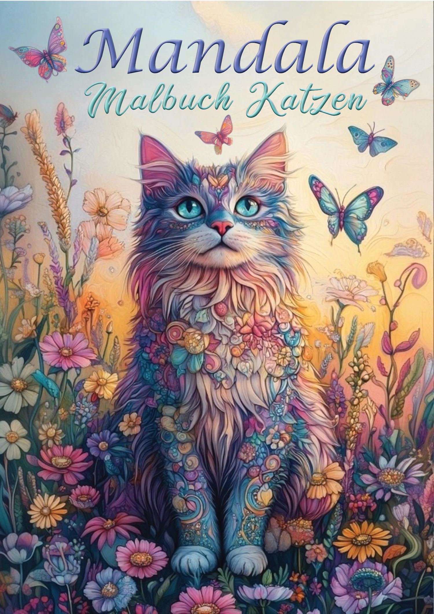 Cover mit farbenfroher Katze aus floralen Mandala-Mustern zwischen Blumen und Schmetterlingen