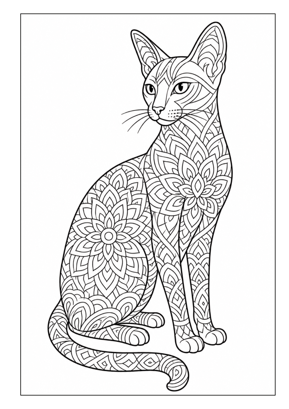 Sitzende kurzhaarige Katze mit symmetrischen floralen und geschwungenen Ornamentmustern