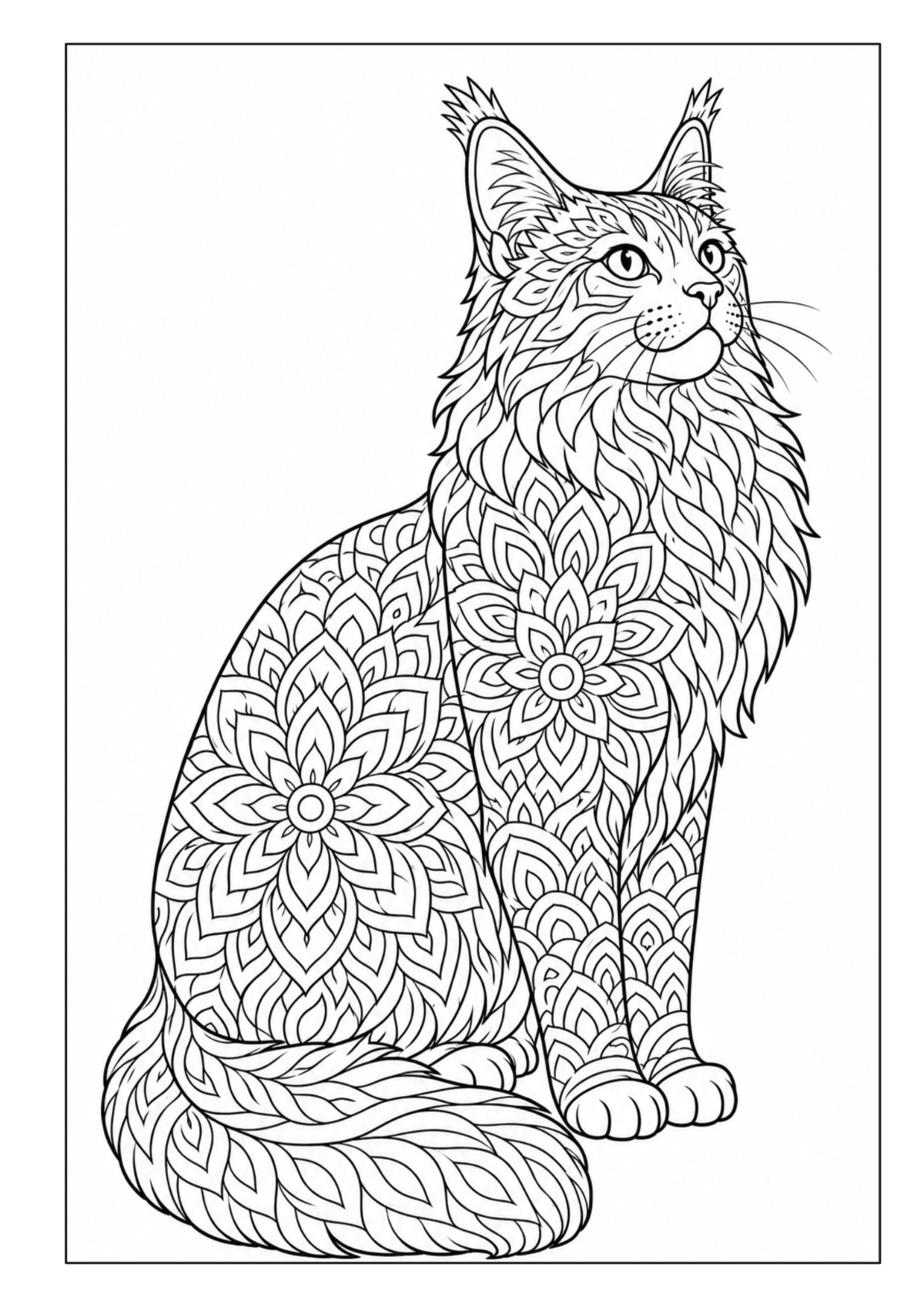 Sitzende langhaarige Katze mit detailreichen Blüten- und Blattmustern