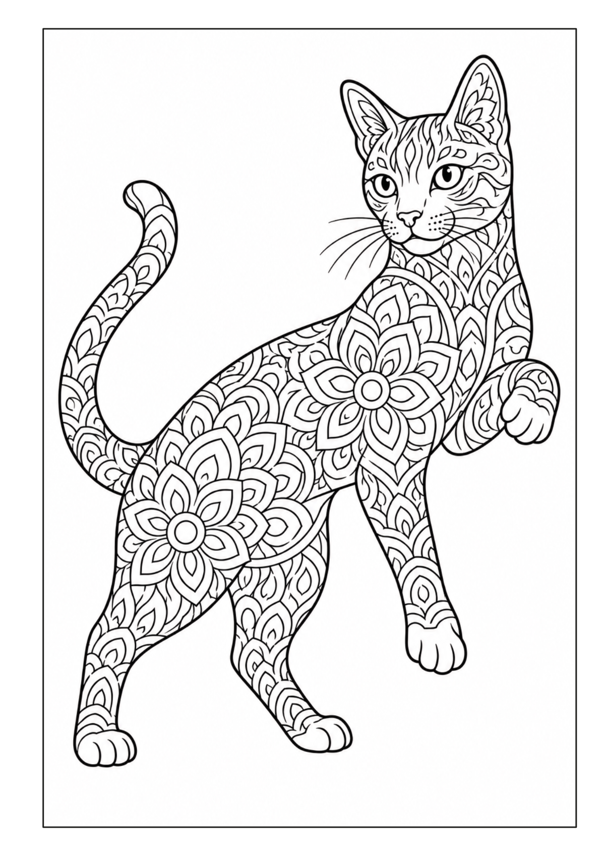 Stehende Katze mit angehobener Pfote und großflächigen floralen Mandala-Mustern