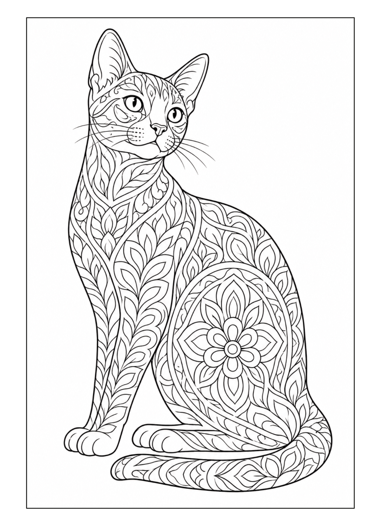 Sitzende schlanke Katze mit langen Ohren und großflächigen Blatt- und Blütenmustern