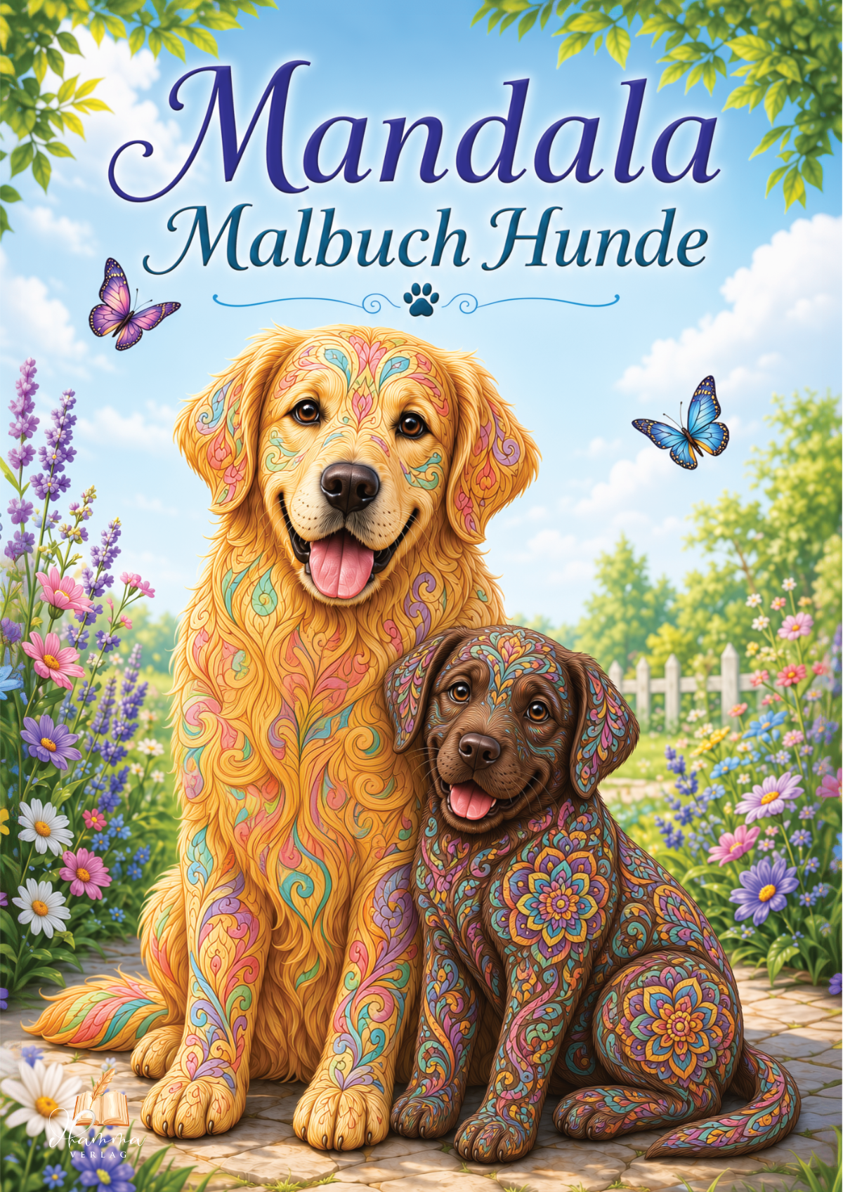 Cover mit zwei Hunden in farbenfrohen Mandala-Mustern auf einem blühenden Gartenweg
