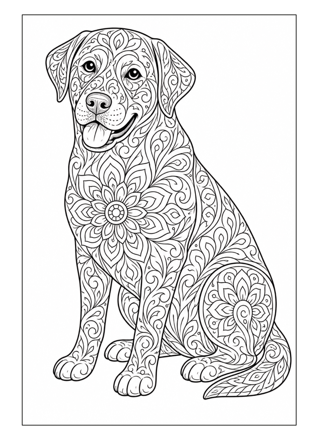 Sitzender Labrador mit großflächigen Mandala- und Blütenmustern