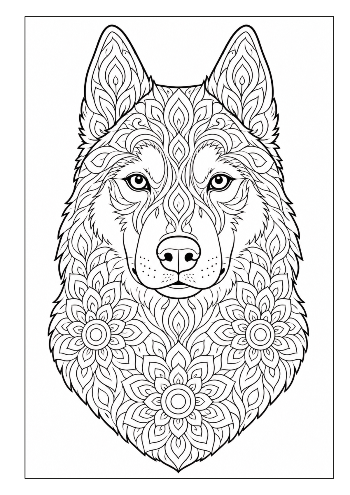 Husky-Porträt mit symmetrischen Blüten- und Mandala-Ornamenten