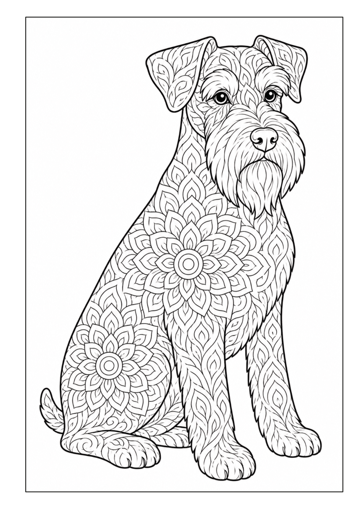 Sitzender rauhaariger Hund mit floralen Mandala-Mustern