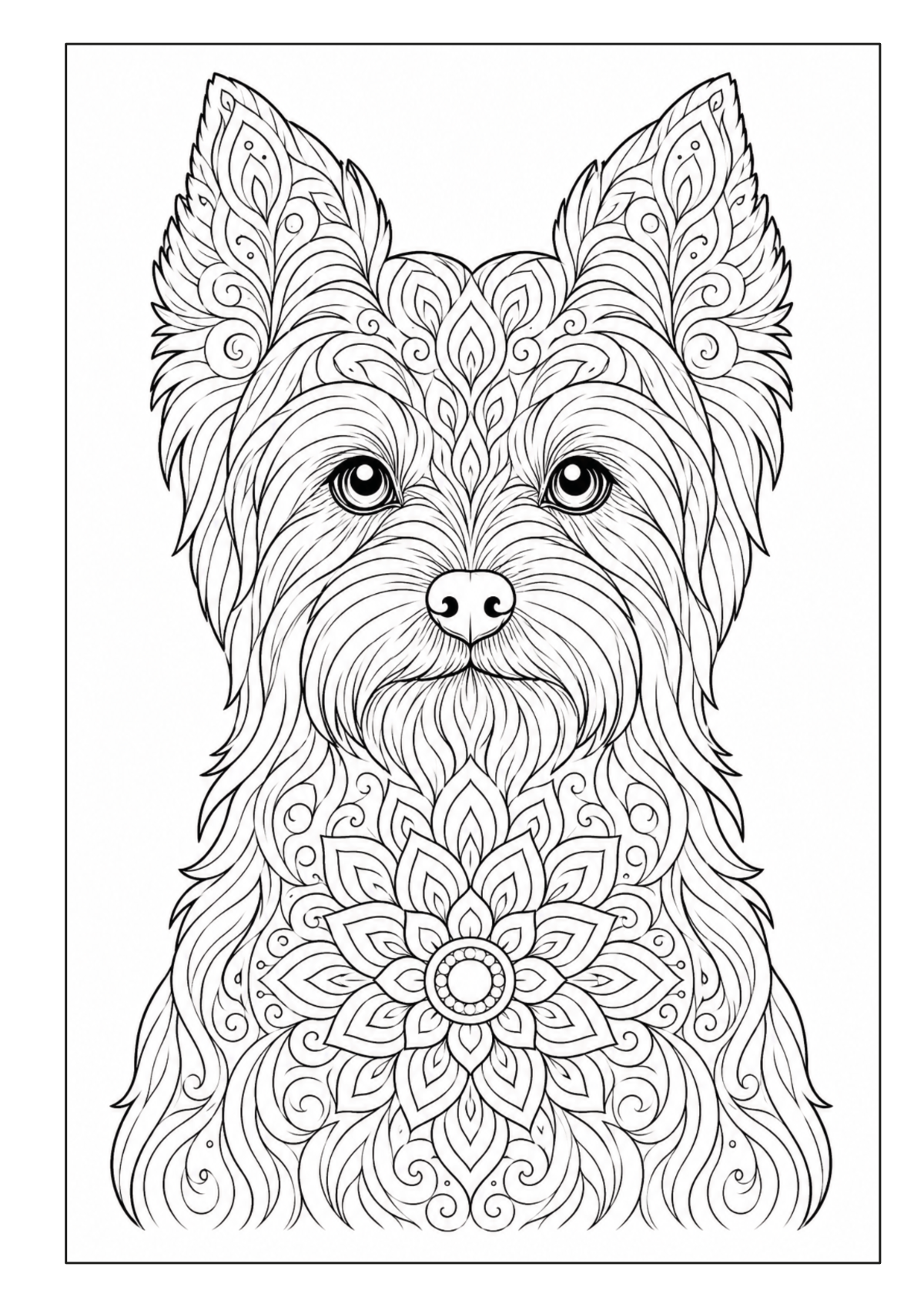 Kleiner langhaariger Hund als Porträt mit großem Mandala-Blütenmuster