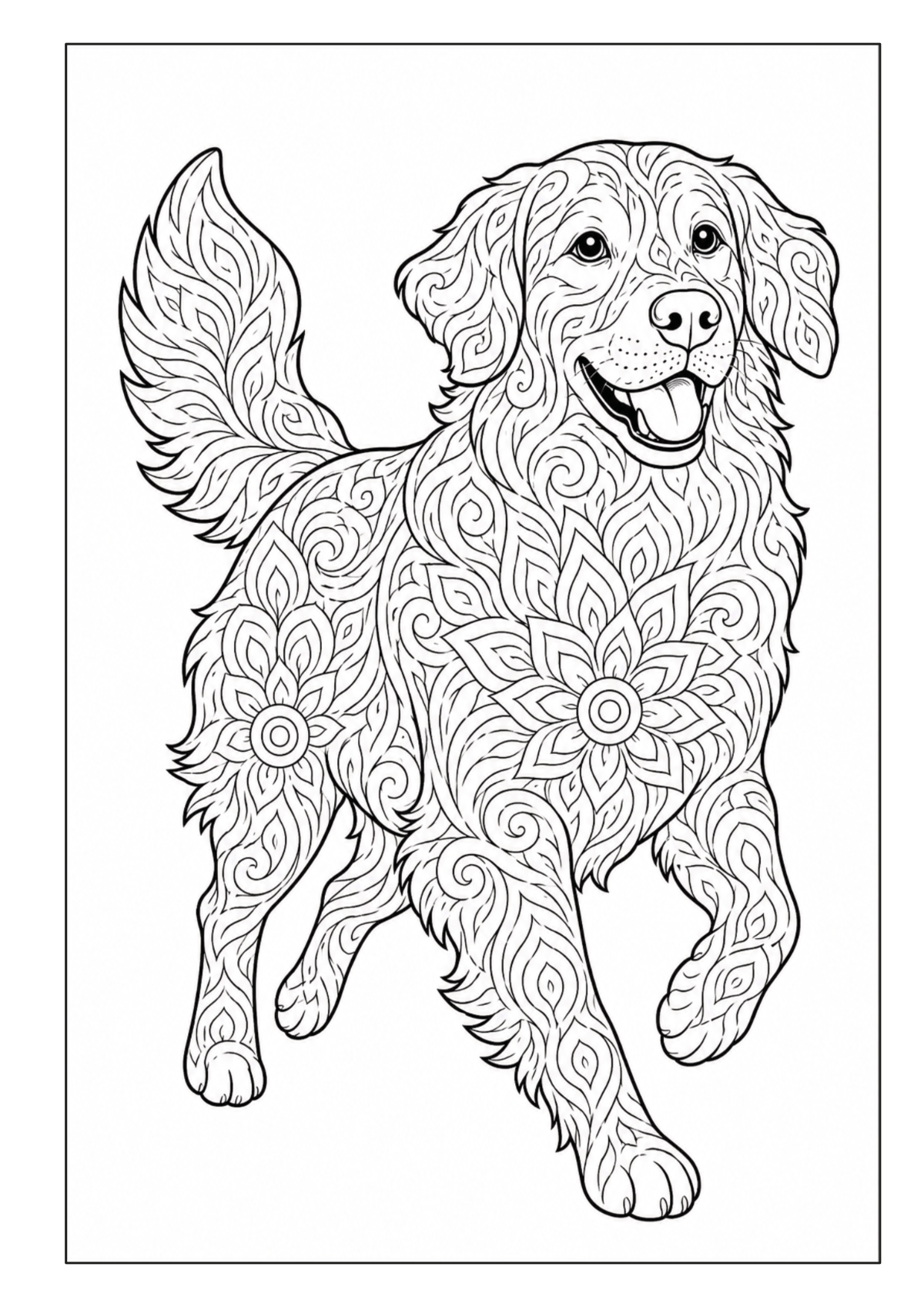 Langhaariger Hund in Bewegung mit floralen und geschwungenen Mandala-Mustern