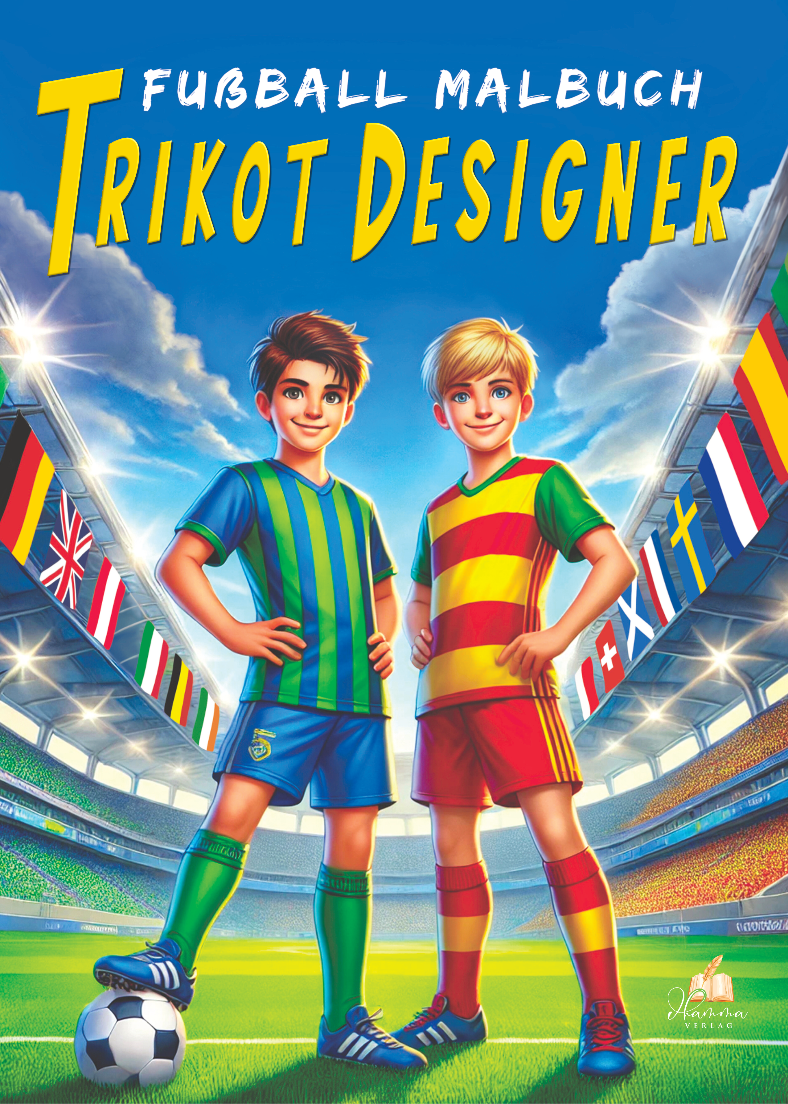 Cover mit zwei Jungen in selbst gestalteten Fußballtrikots auf einem Fußballplatz in einem großen Stadion