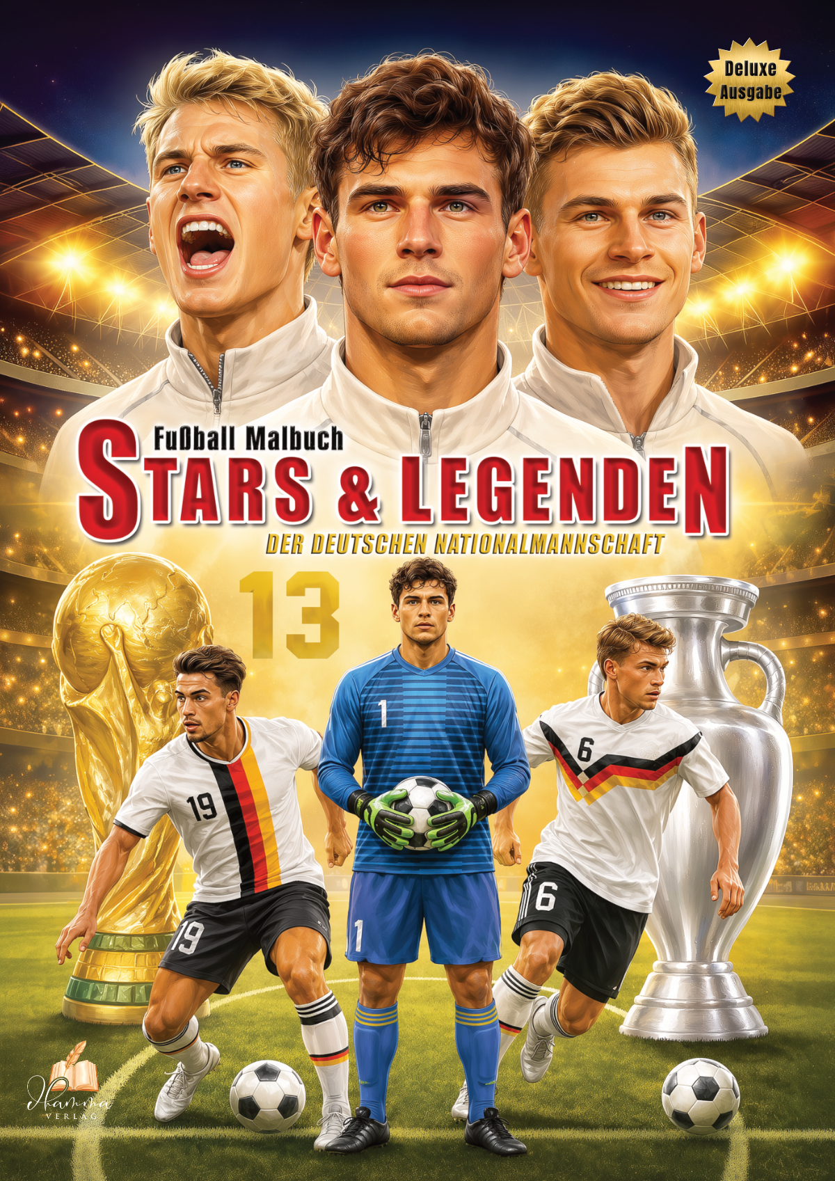 Cover mit mehreren deutschen Fußballspielern, Weltmeisterpokal und Europameisterschaftspokal in einem beleuchteten Stadion