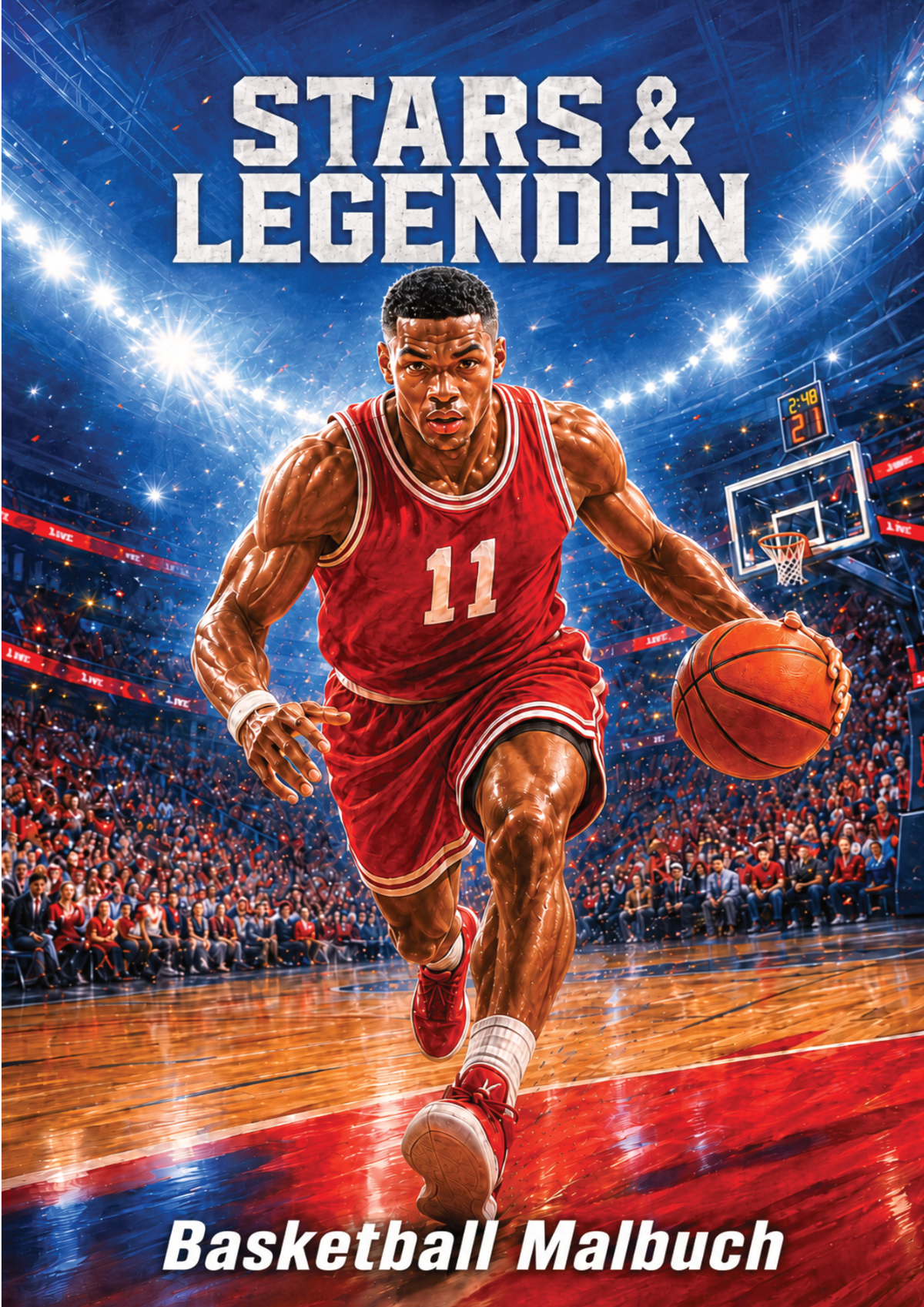 Cover mit Basketballspieler im roten Trikot beim Dribbling vor einer beleuchteten Arena