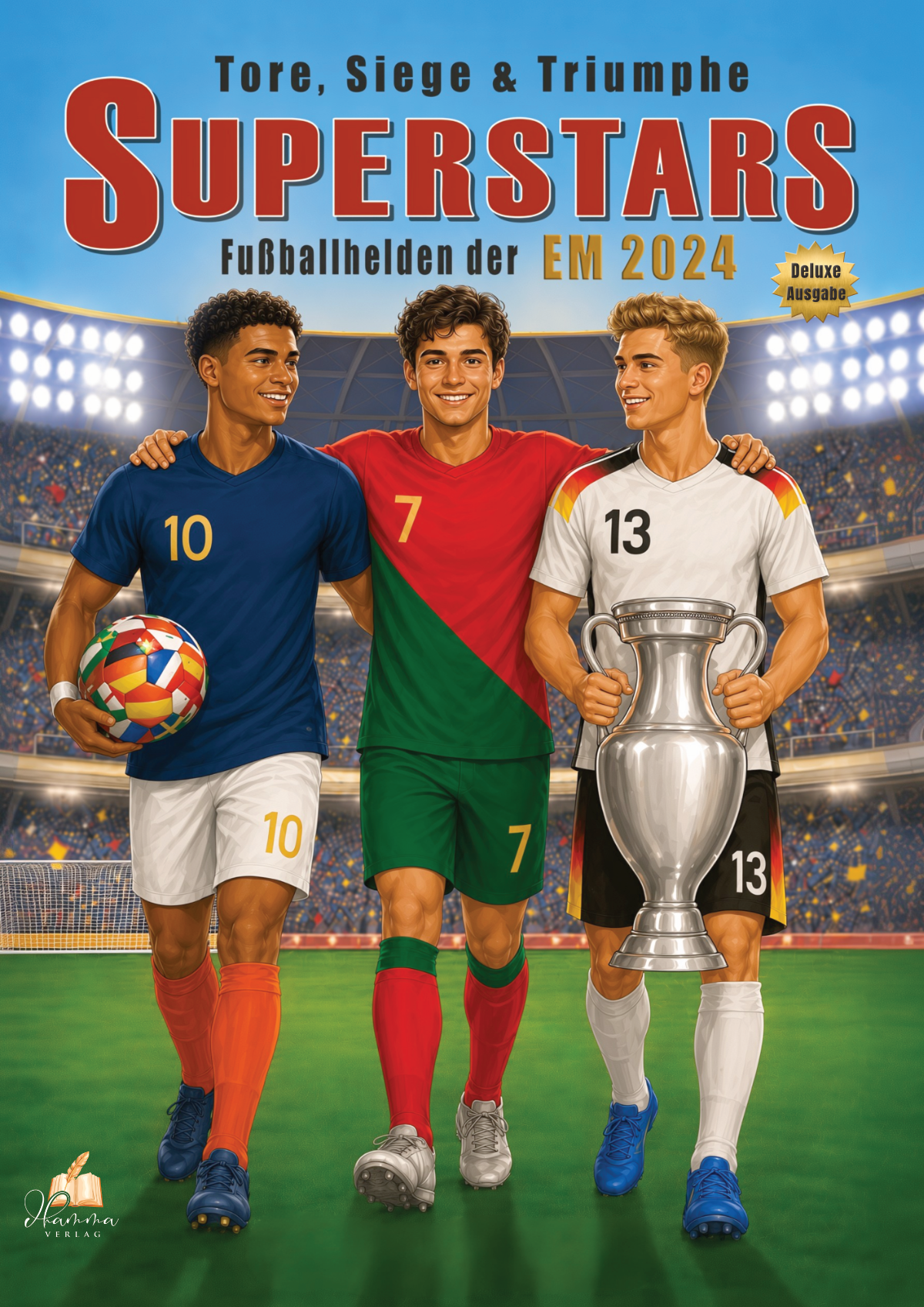 Cover mit drei Fußballspielern in unterschiedlichen Nationaltrikots neben einem großen silbernen Pokal im Stadion