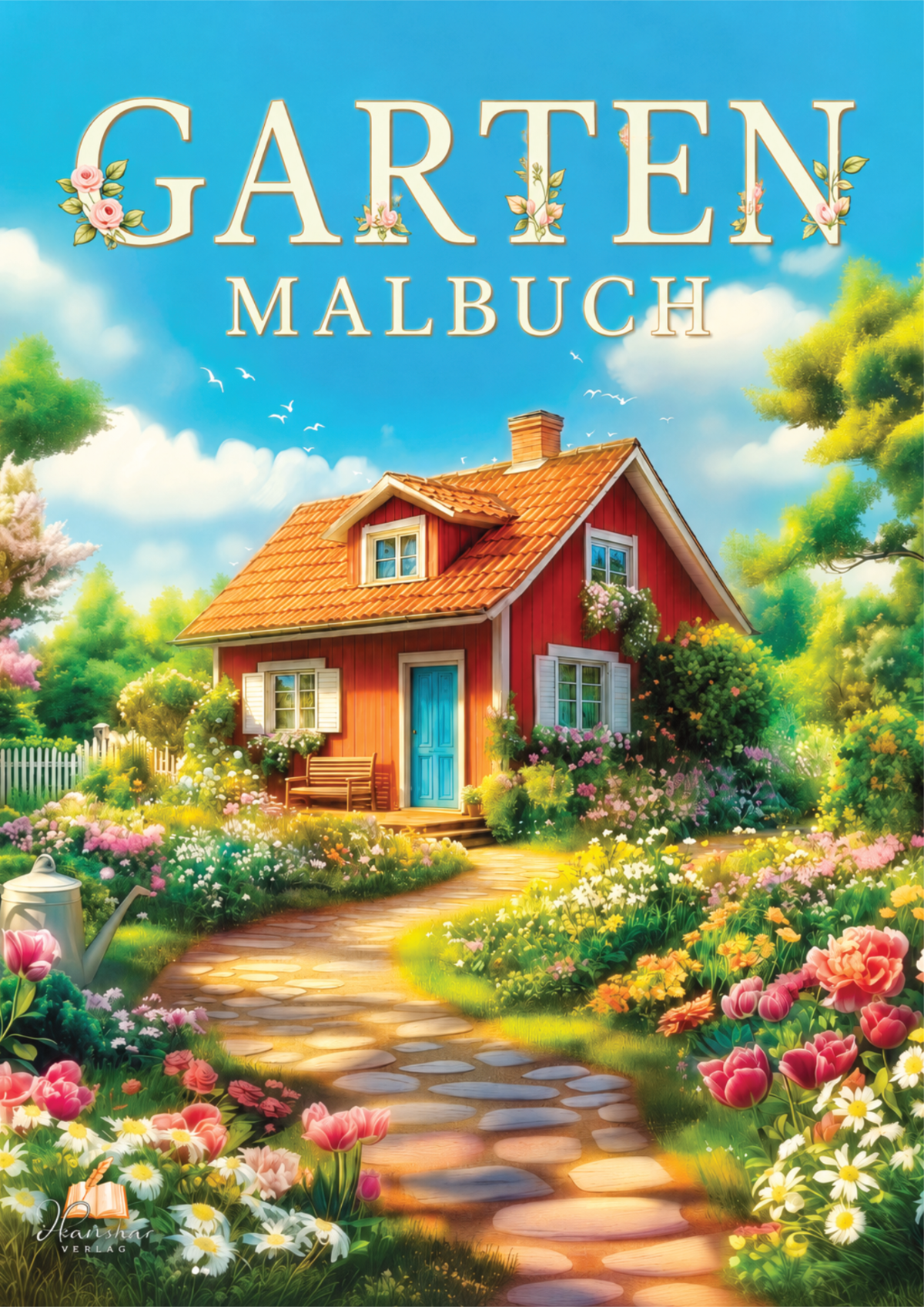 Cover mit rotem Gartenhaus, geschwungenem Steinweg und üppigen Blumenbeeten unter blauem Himmel