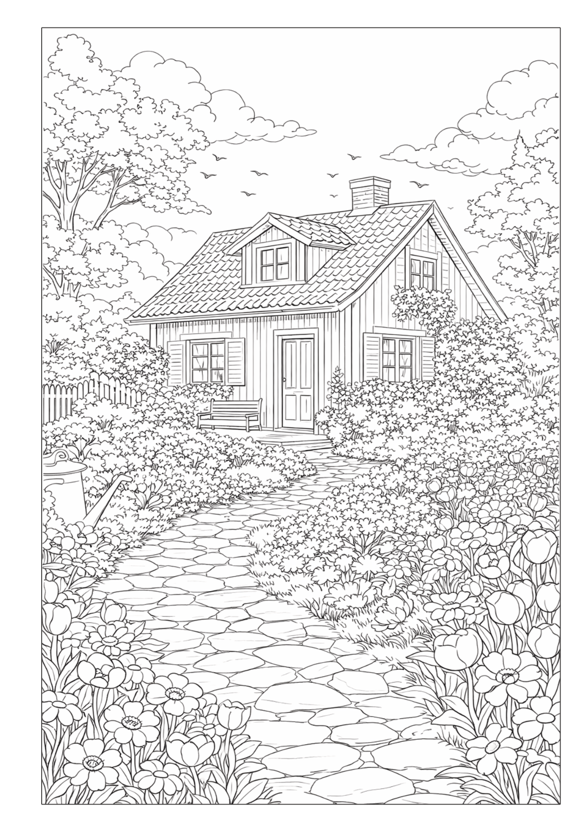 Kleines Gartenhaus mit Steinweg zwischen dichten Blumenbeeten und Bäumen