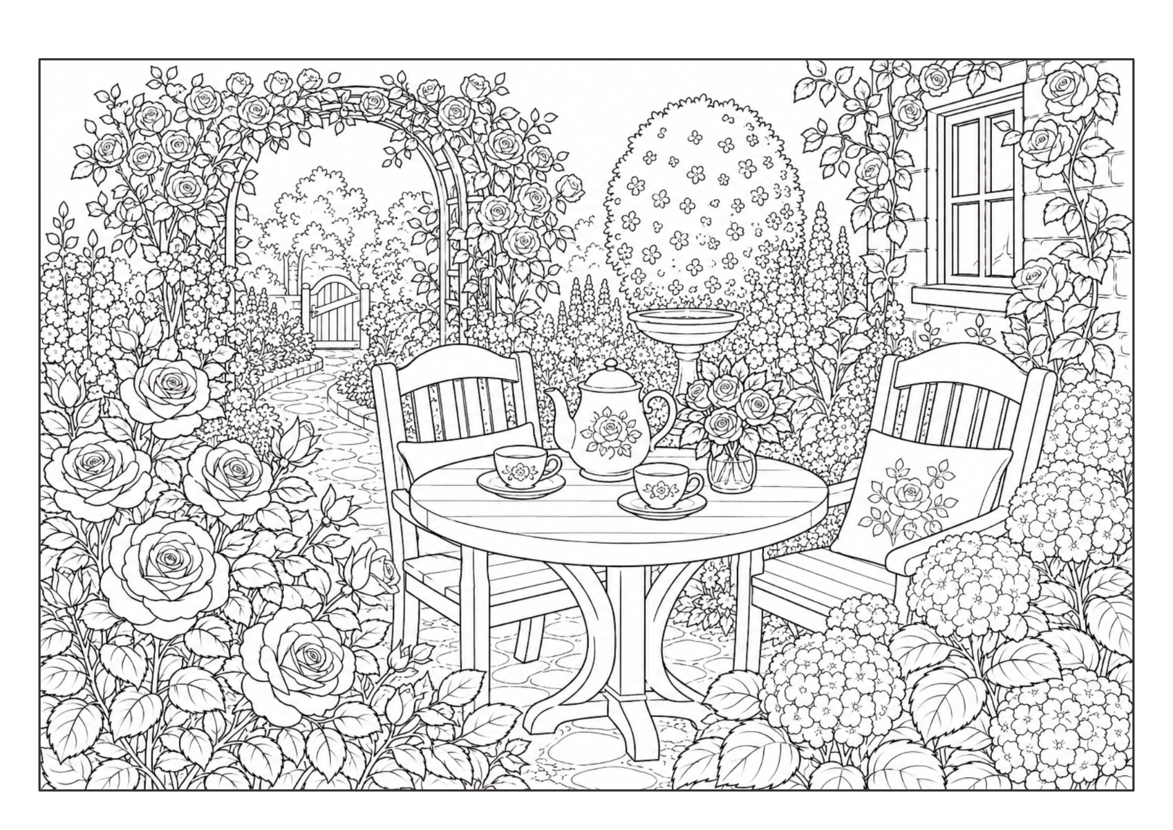 Runder Gartentisch mit zwei Stühlen zwischen Rosen, Blumen und dekorativen Gartenelementen