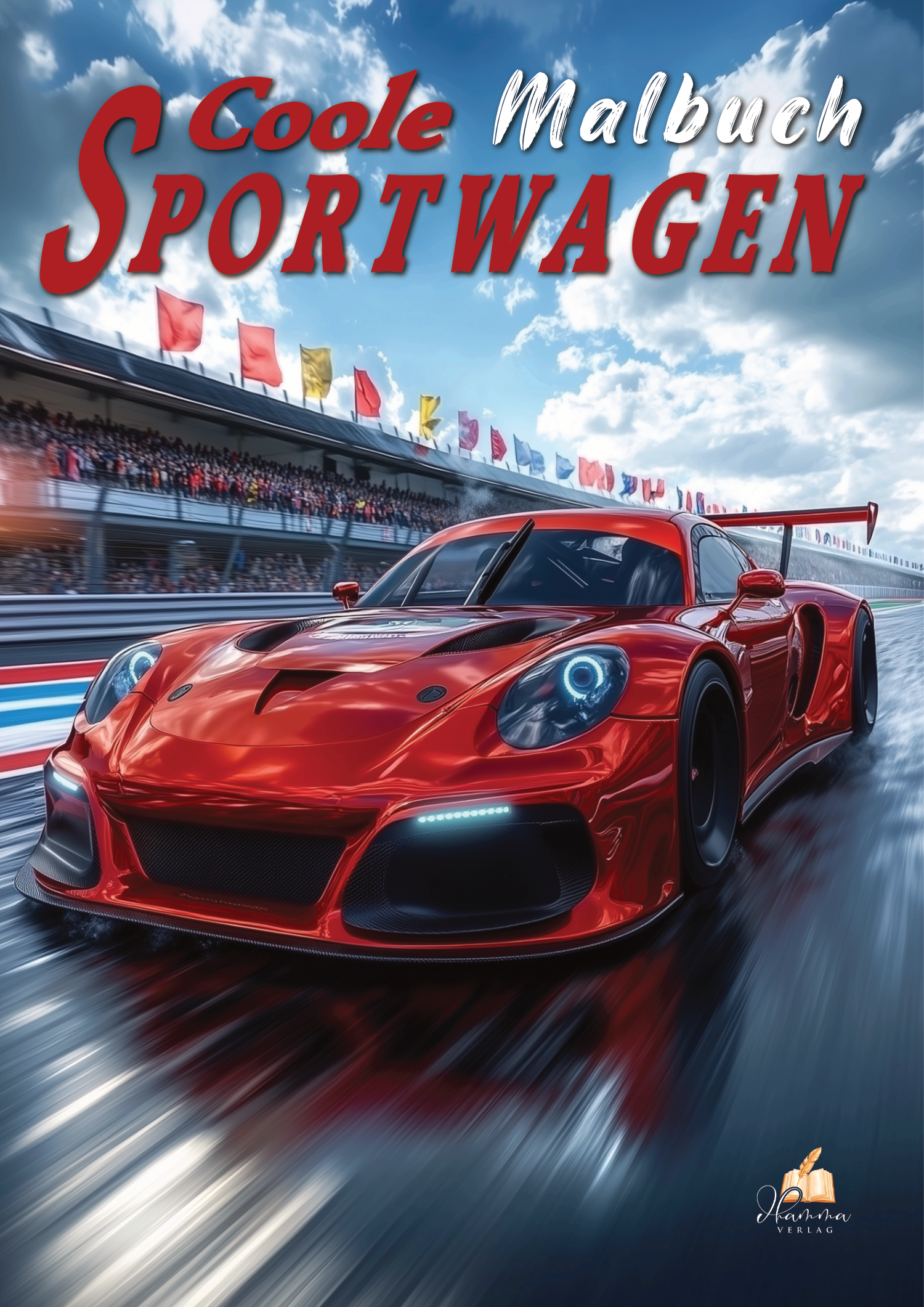Cover mit rotem Sportwagen auf einer Rennstrecke vor Tribünen und blauem Himmel