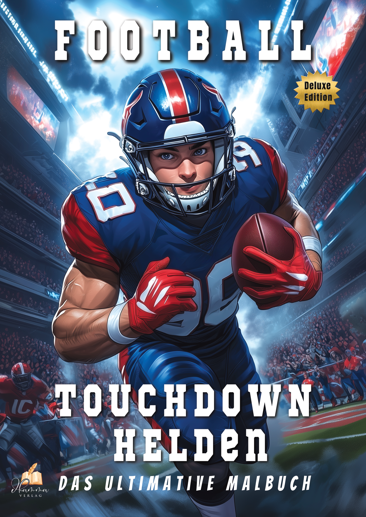 Cover mit American-Football-Spieler in blau-roter Ausrüstung mit Ball in einem beleuchteten Stadion
