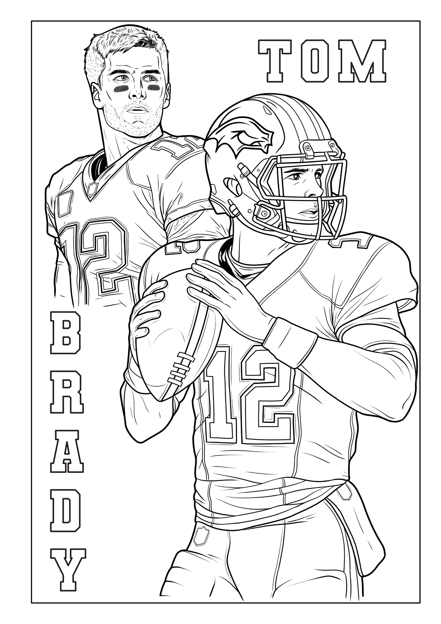 Zwei American-Football-Spieler als Porträt und in Wurfhaltung mit Helm und Trikot