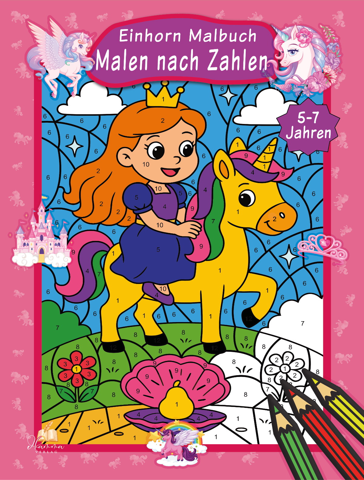Cover mit Mädchen auf einem Einhorn vor Regenbogen, Schloss und nummerierter Fantasielandschaft