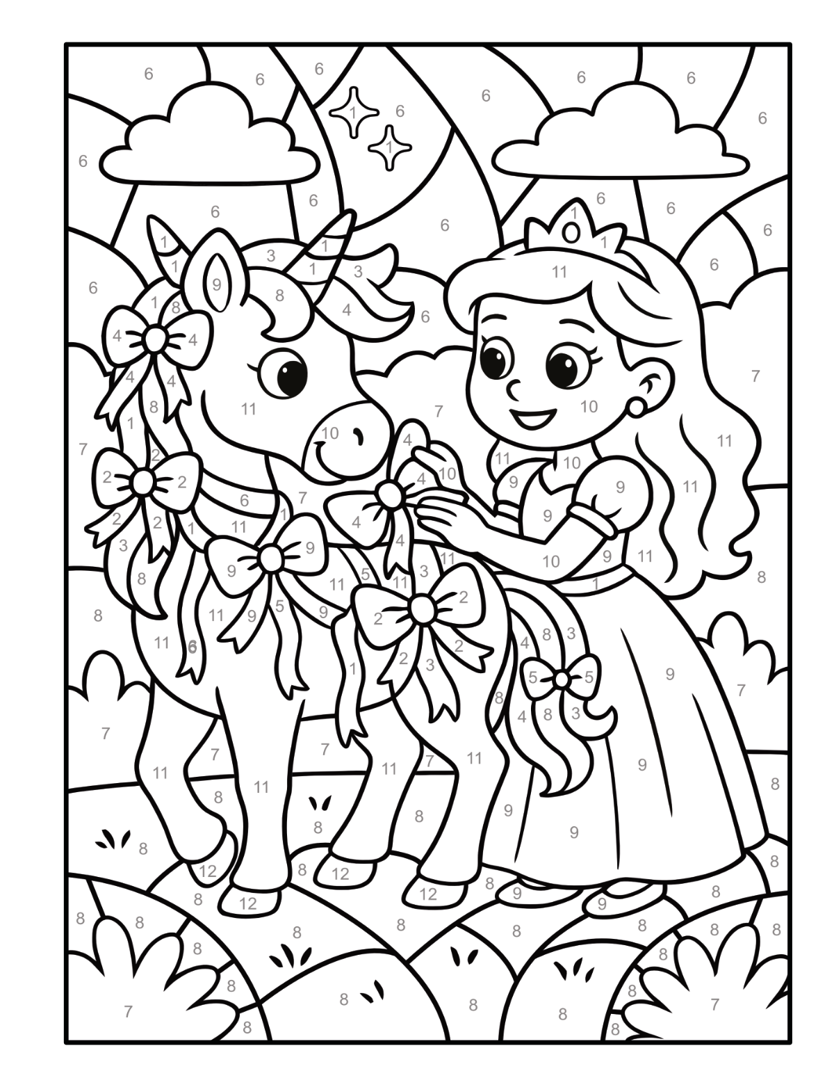 Prinzessin schmückt ein Einhorn mit Blumen unter einem Regenbogen