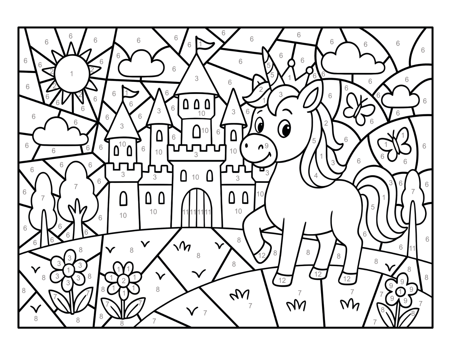 Einhorn auf einem Weg vor einem Schloss zwischen Blumen und Schmetterlingen