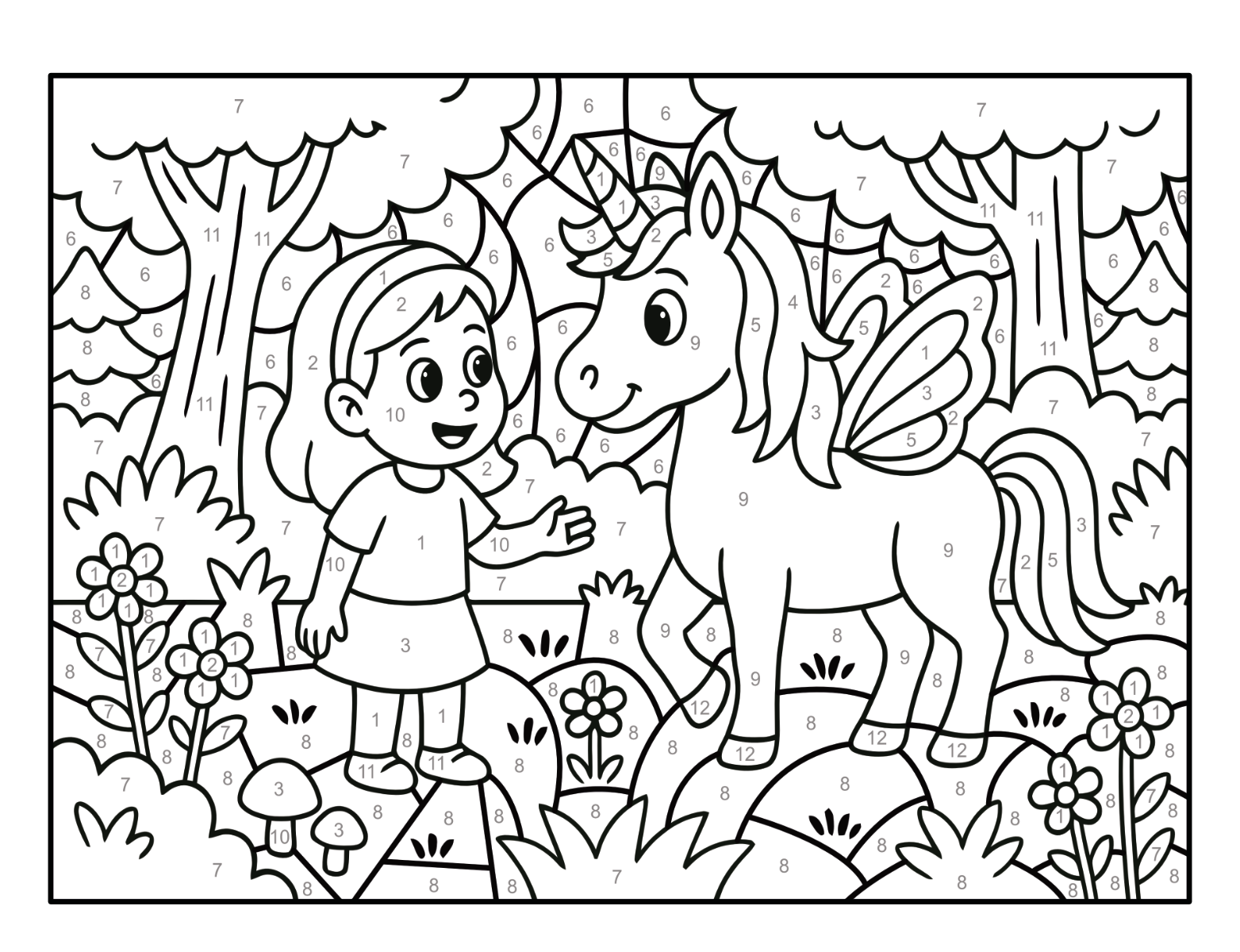 Mädchen begegnet einem geflügelten Einhorn zwischen Bäumen und Blumen