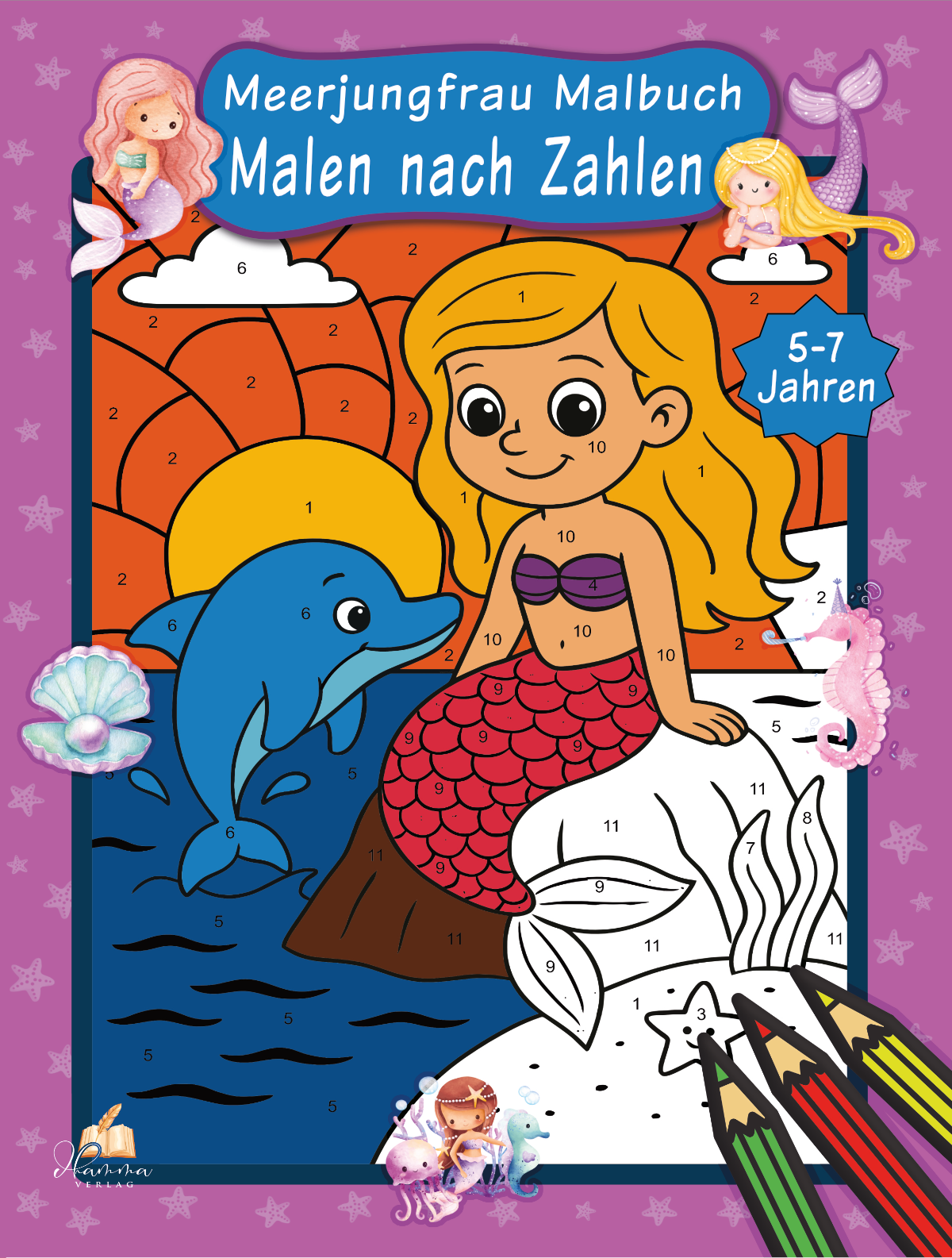 Cover mit Meerjungfrau und Delfin vor einer farbigen Unterwasserlandschaft mit nummerierten Malflächen