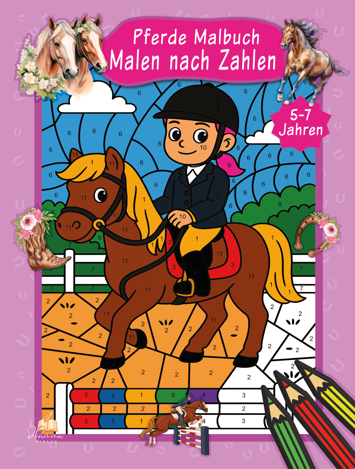 Cover mit Mädchen auf einem Pferd vor einer nummerierten Landschaft mit Blumen und Farbschablone