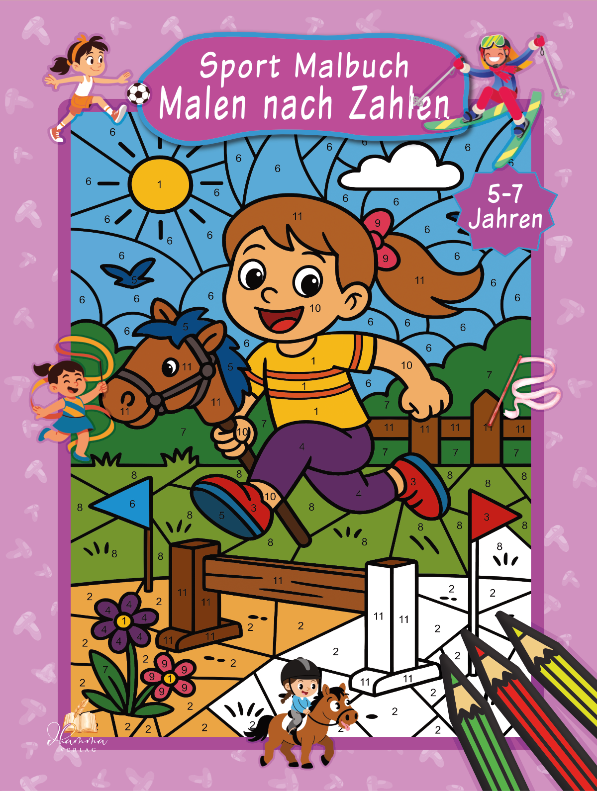 Cover mit sportlichem Mädchen beim Laufen sowie kleinen Szenen mit Fußball, Reiten und weiteren Sportarten