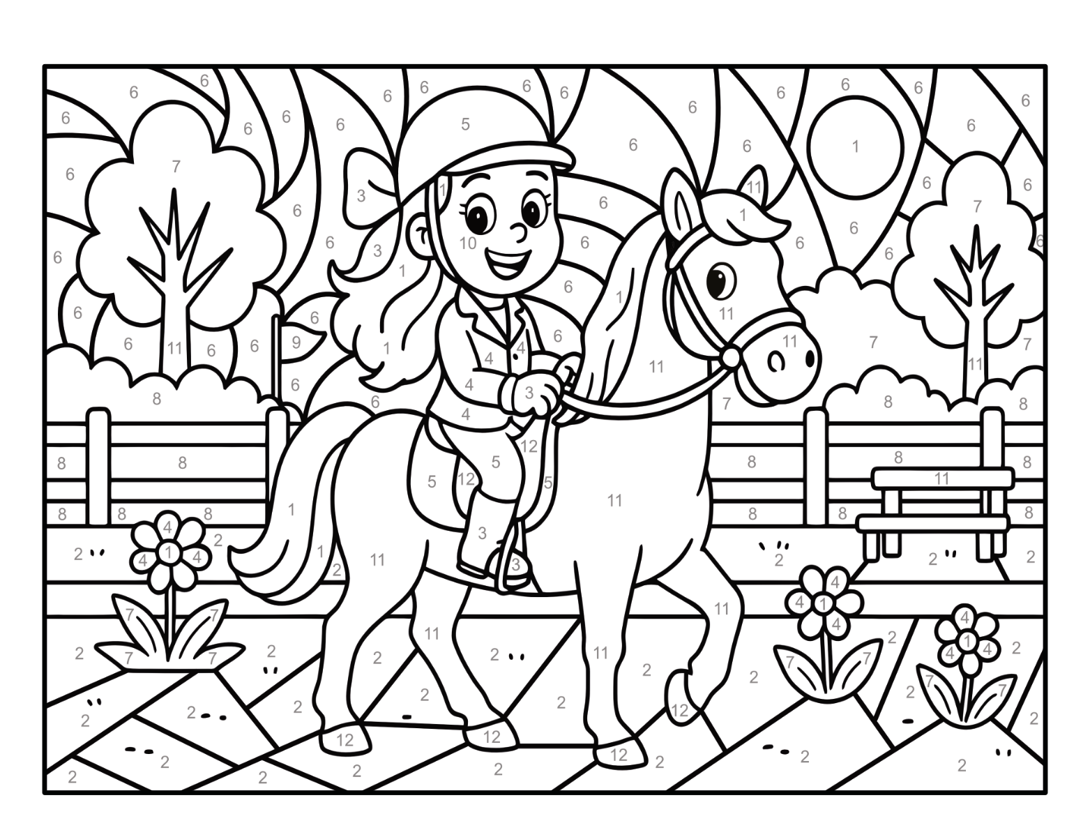 Mädchen auf einem Pferd in einer nummerierten Landschaft mit Bäumen und Blumen