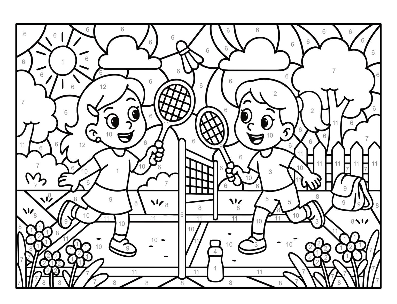 Zwei Mädchen beim Tennis auf einem nummerierten Spielfeld