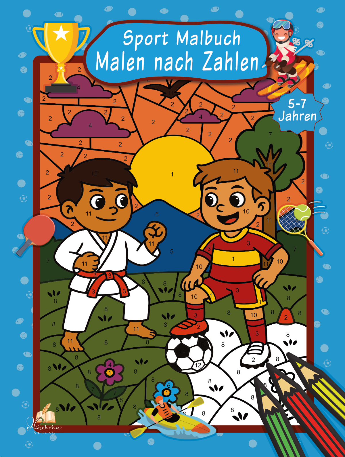 Cover mit Jungen beim Fußball und Kampfsport vor einer nummerierten Sportlandschaft
