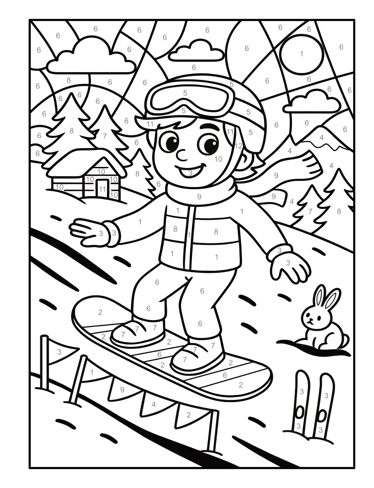 Junge auf einem Snowboard in einer nummerierten winterlichen Berglandschaft