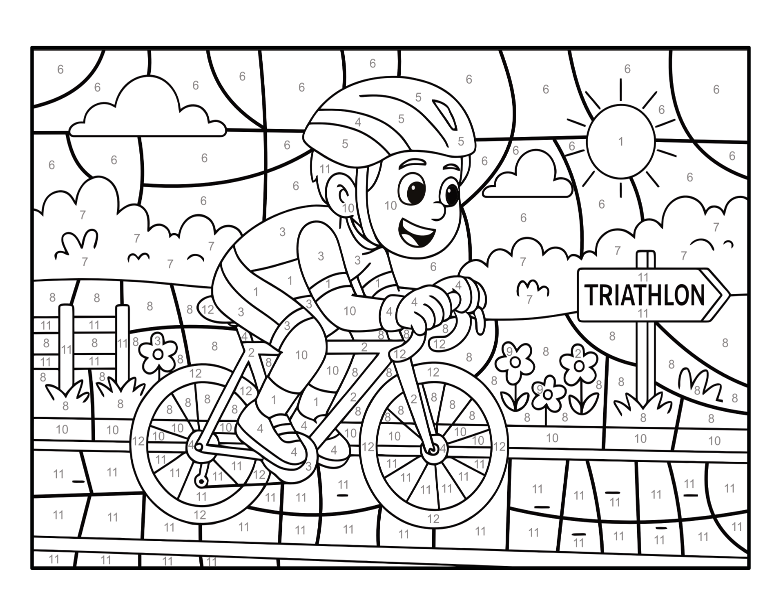 Junge auf einem Rennrad neben einem Triathlon-Schild in einer nummerierten Landschaft