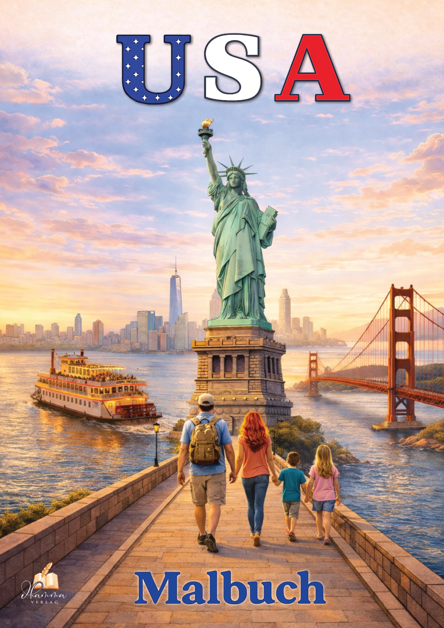 Cover mit Freiheitsstatue, Skyline, Golden Gate Bridge und Familie vor einer amerikanischen Küstenkulisse