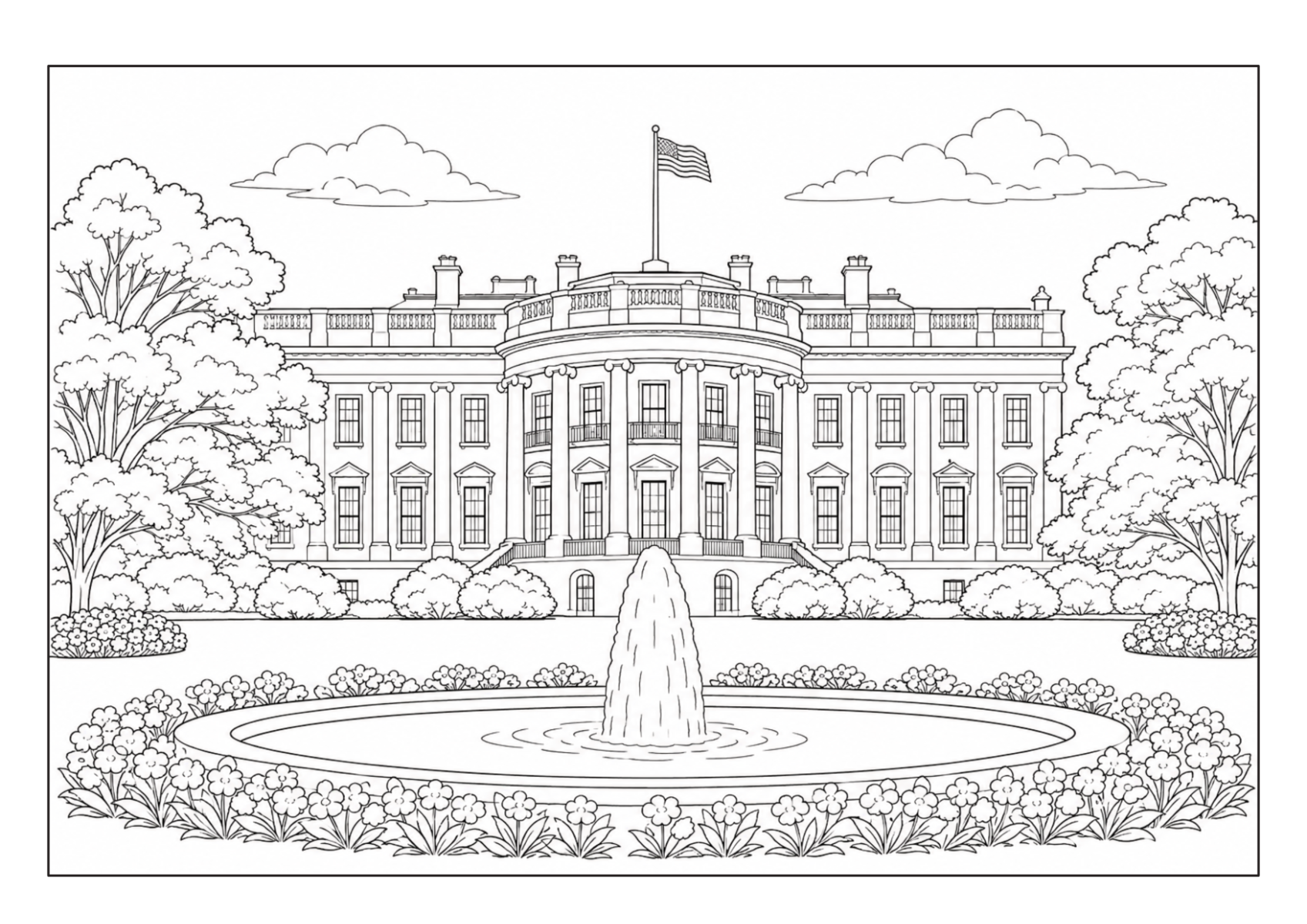 Weißes Haus in Washington mit Brunnen, Gartenanlage und amerikanischer Flagge