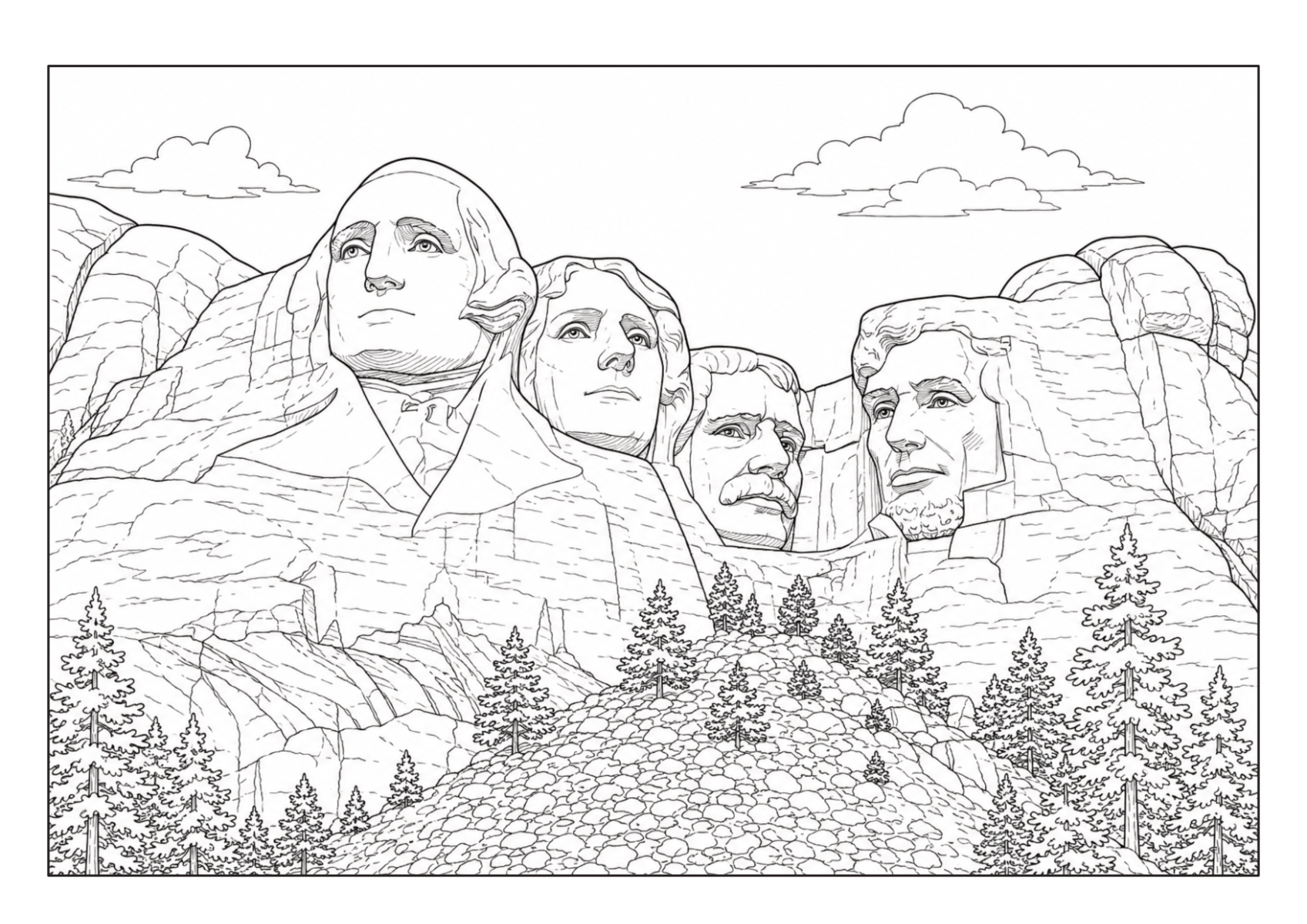 Mount Rushmore mit den vier Präsidentenköpfen über einer bewaldeten Felslandschaft