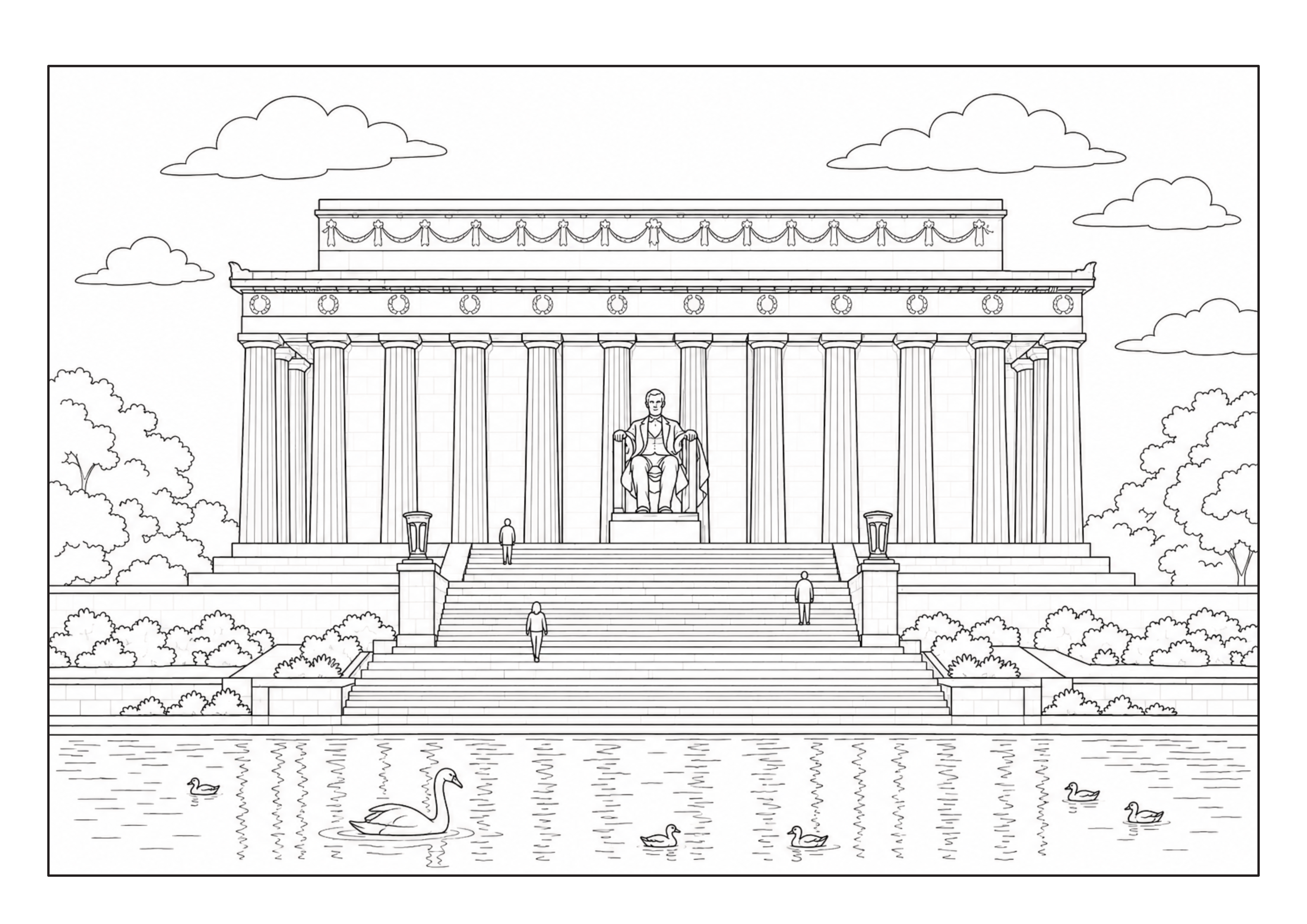 Lincoln Memorial in Washington mit Spiegelbecken und Lincoln-Statue im Inneren