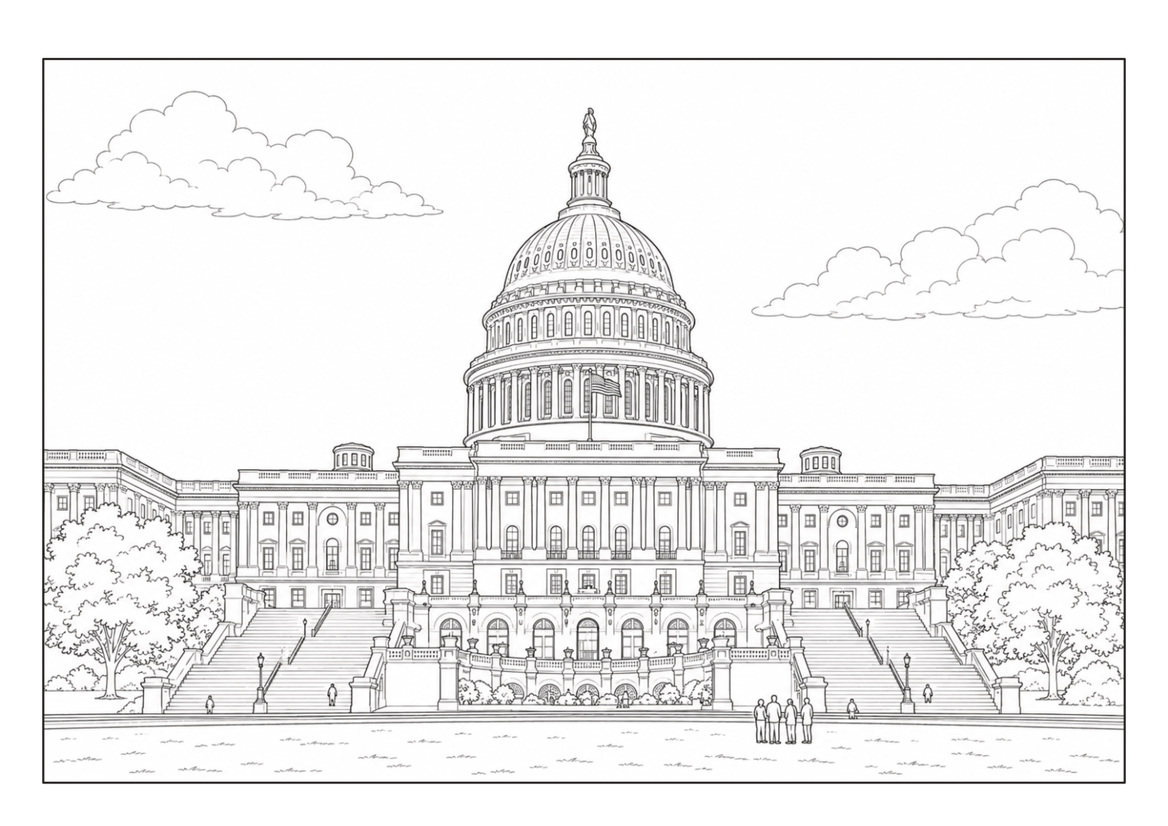 US Capitol in Washington mit Kuppel, Freitreppe und Besuchern im Vordergrund
