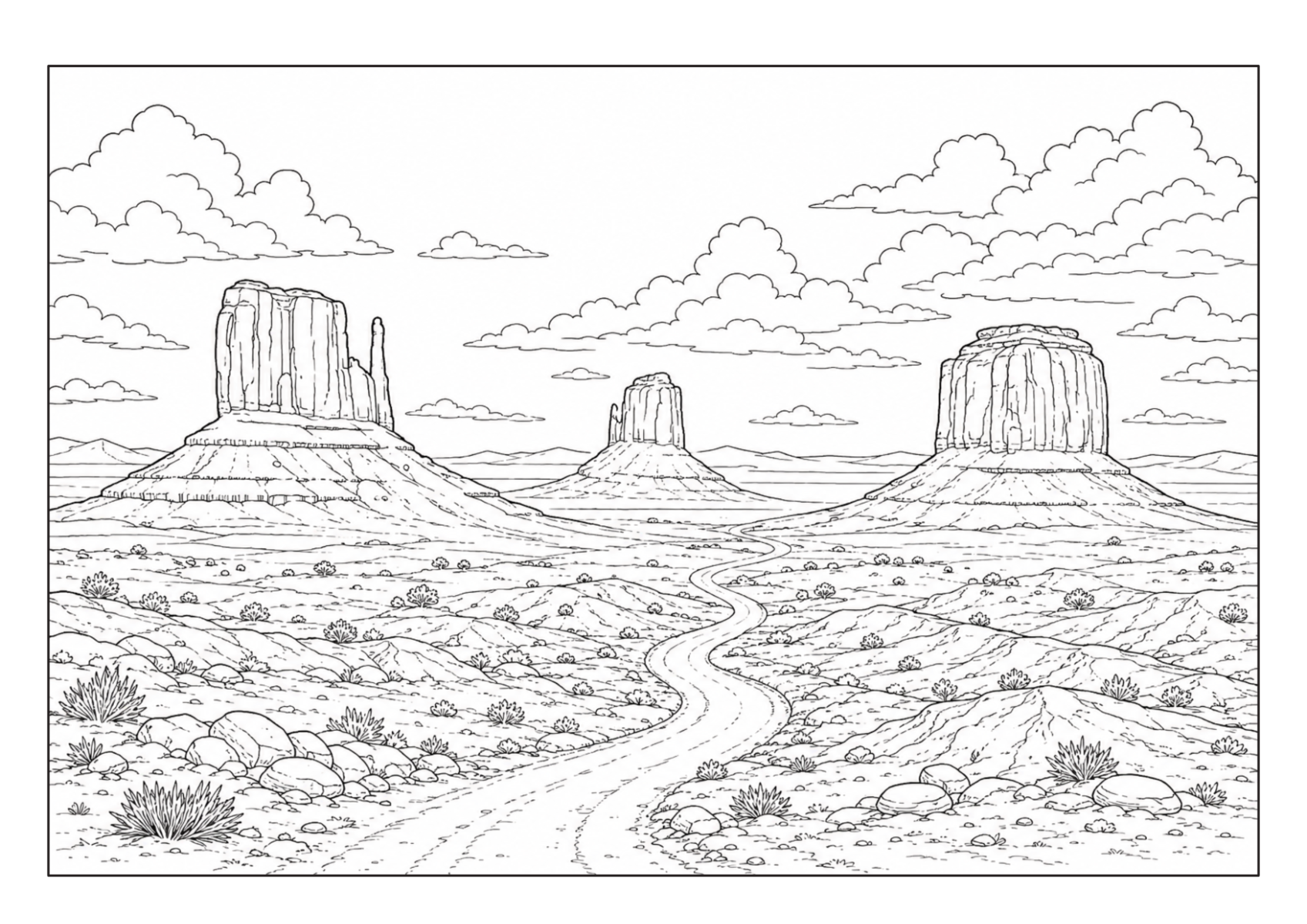 Monument Valley mit markanten Tafelbergen und einer Straße durch die Wüstenlandschaft
