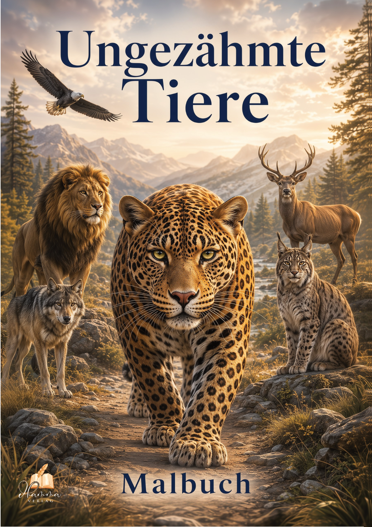 Cover mit Leopard, Löwe, Wolf, Luchs, Hirsch und Adler in einer weiten Berglandschaft