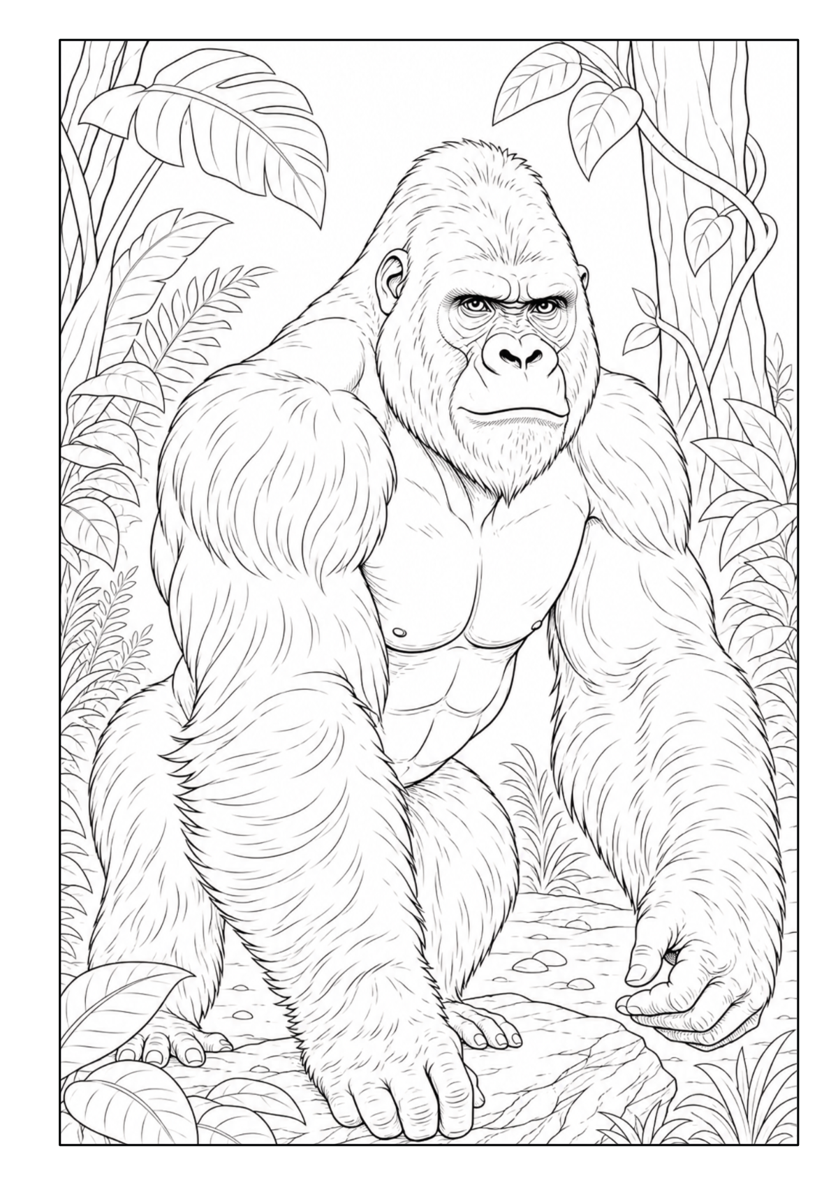 Gorilla zwischen großen Blättern und tropischen Pflanzen