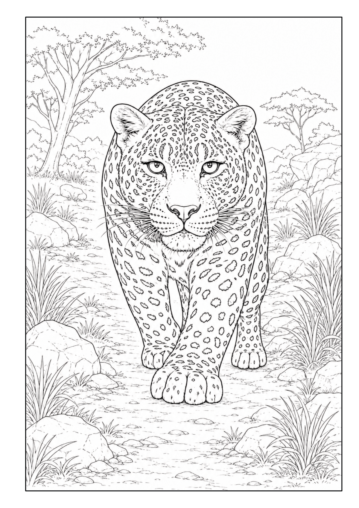 Leopard läuft durch eine offene Savannenlandschaft
