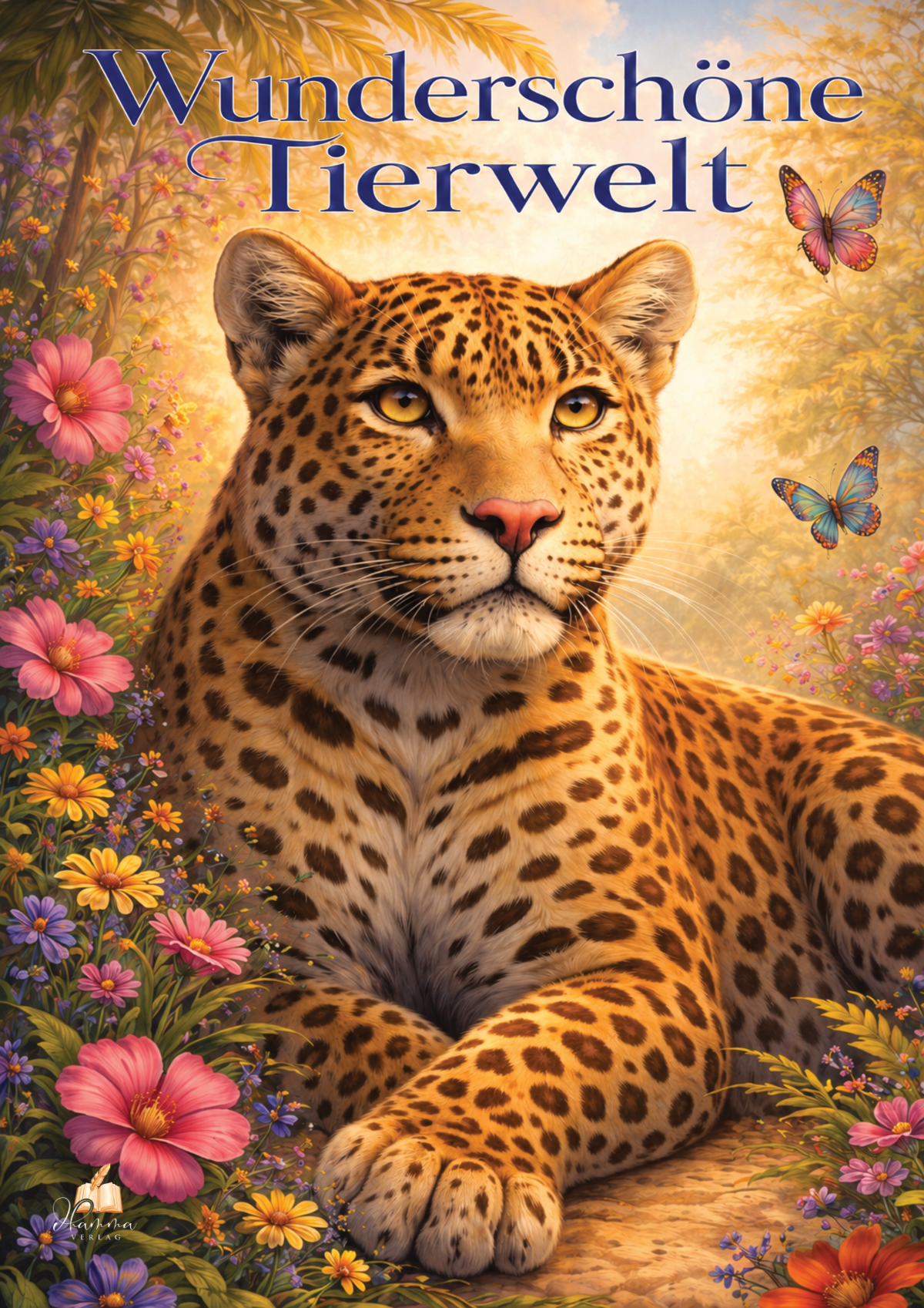Cover mit gefleckter Großkatze zwischen bunten Blumen und Schmetterlingen in warmem Licht