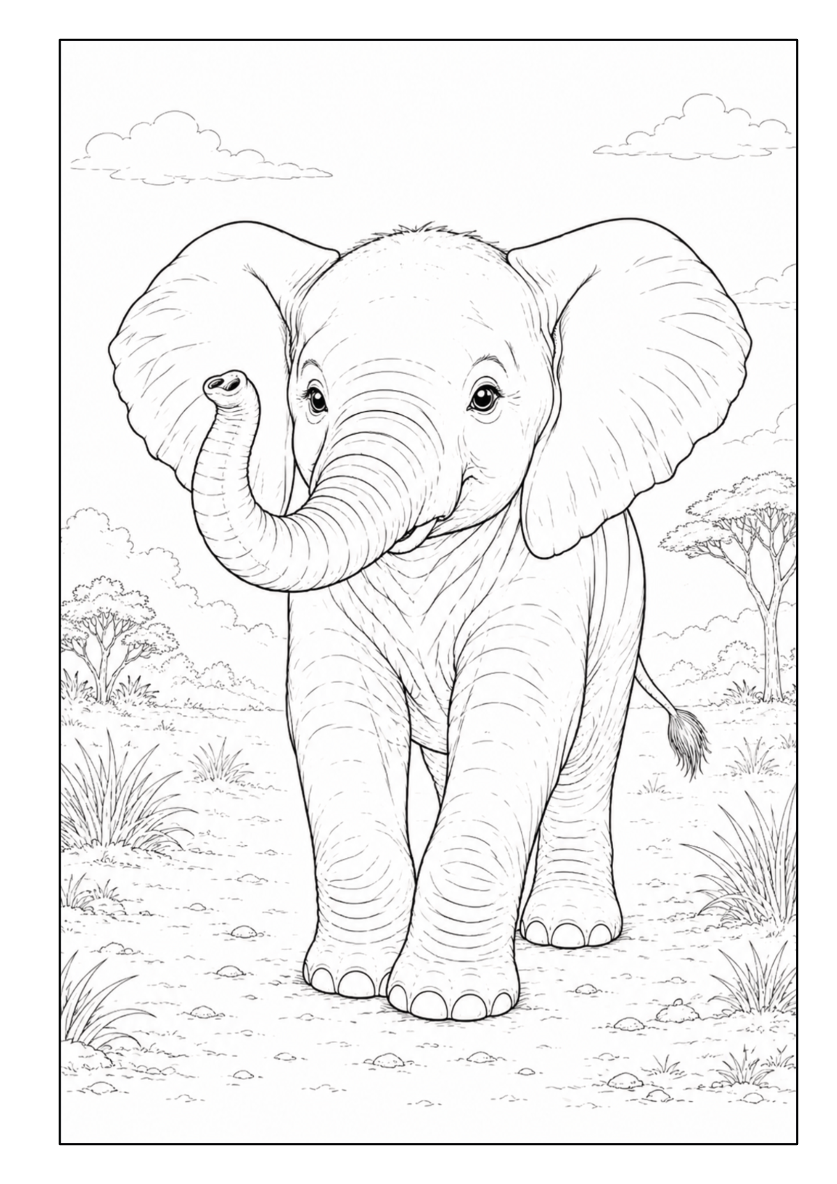 Junger Elefant läuft durch eine Savannenlandschaft