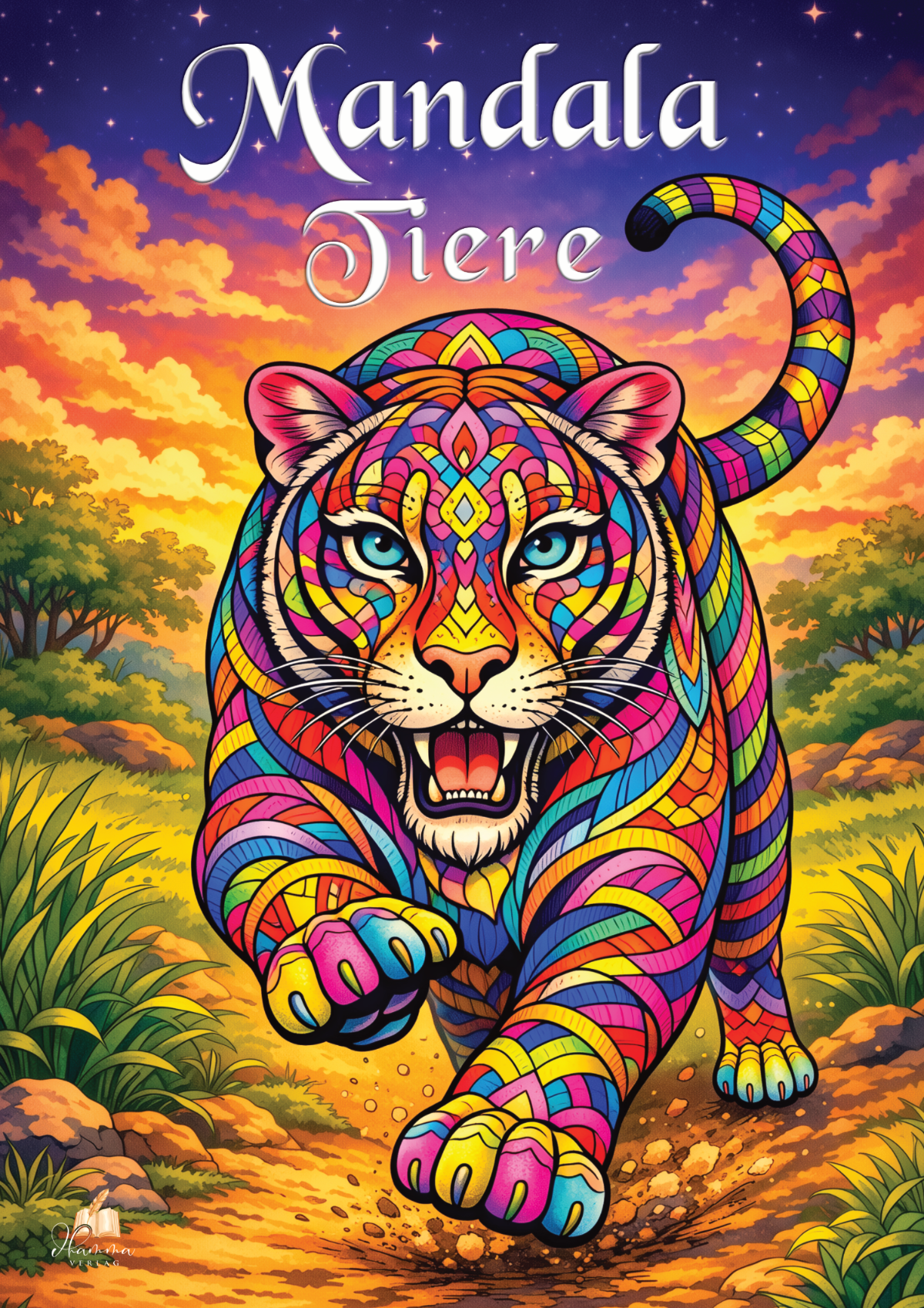 Cover mit farbenprächtigem Tiger aus ornamentalen Mandala-Mustern in einer Naturlandschaft