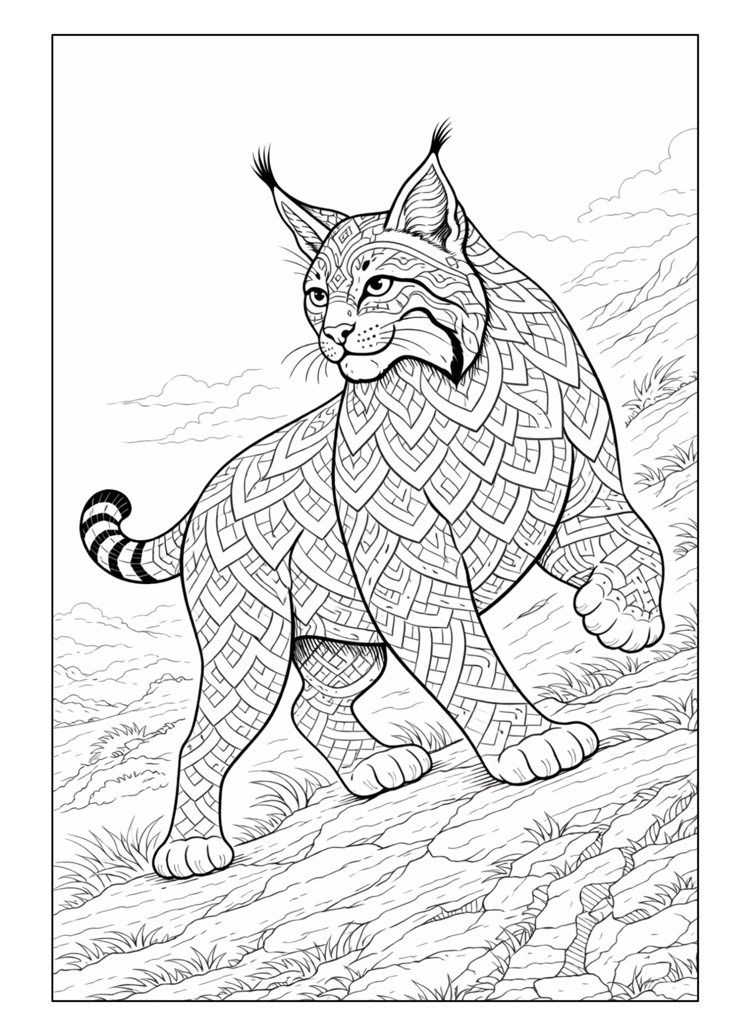 Luchs mit ornamentalen Mandala-Mustern auf einem Felsen in einer Berglandschaft