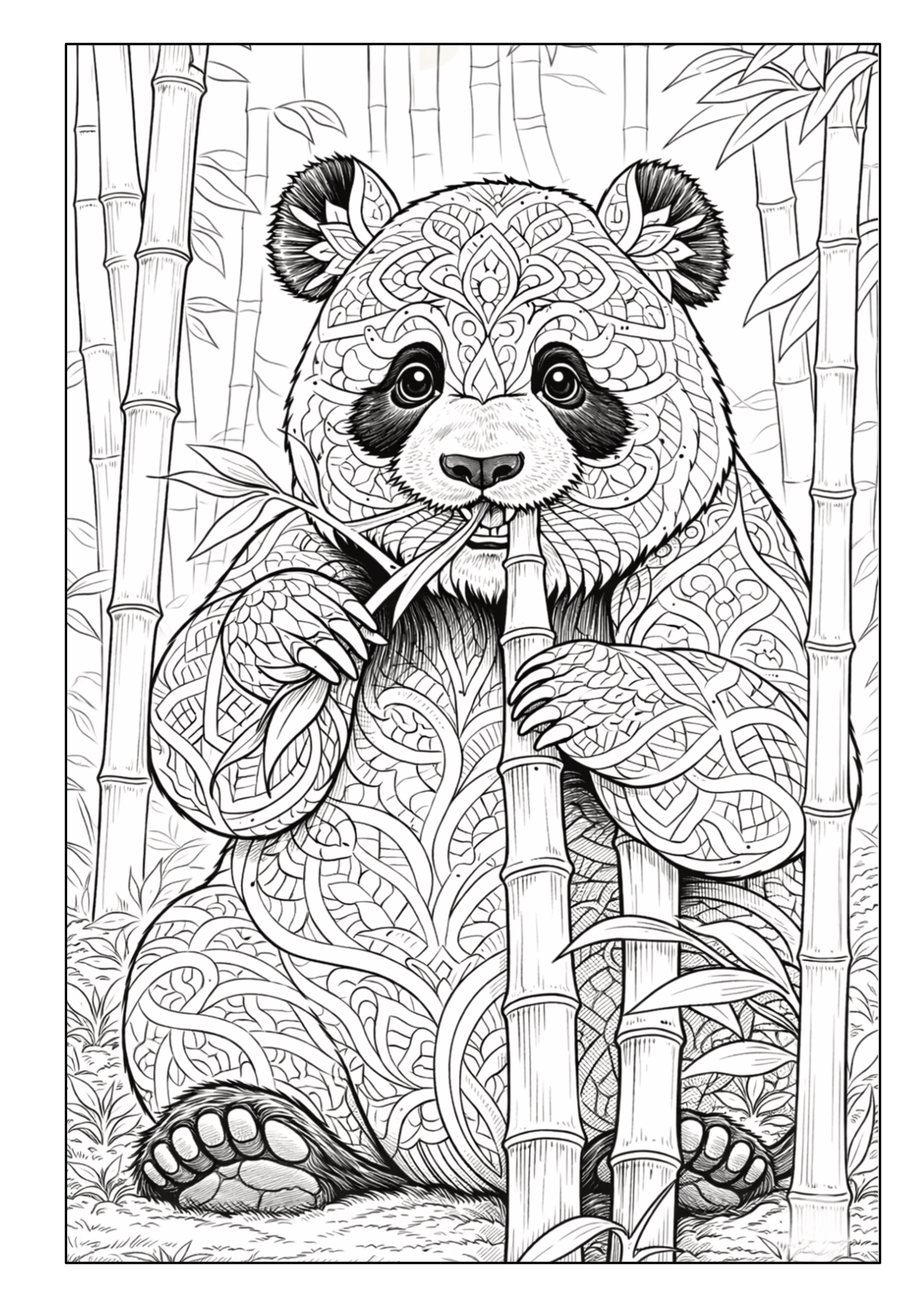 Panda mit detailreichen Mandala-Mustern zwischen Bambuspflanzen