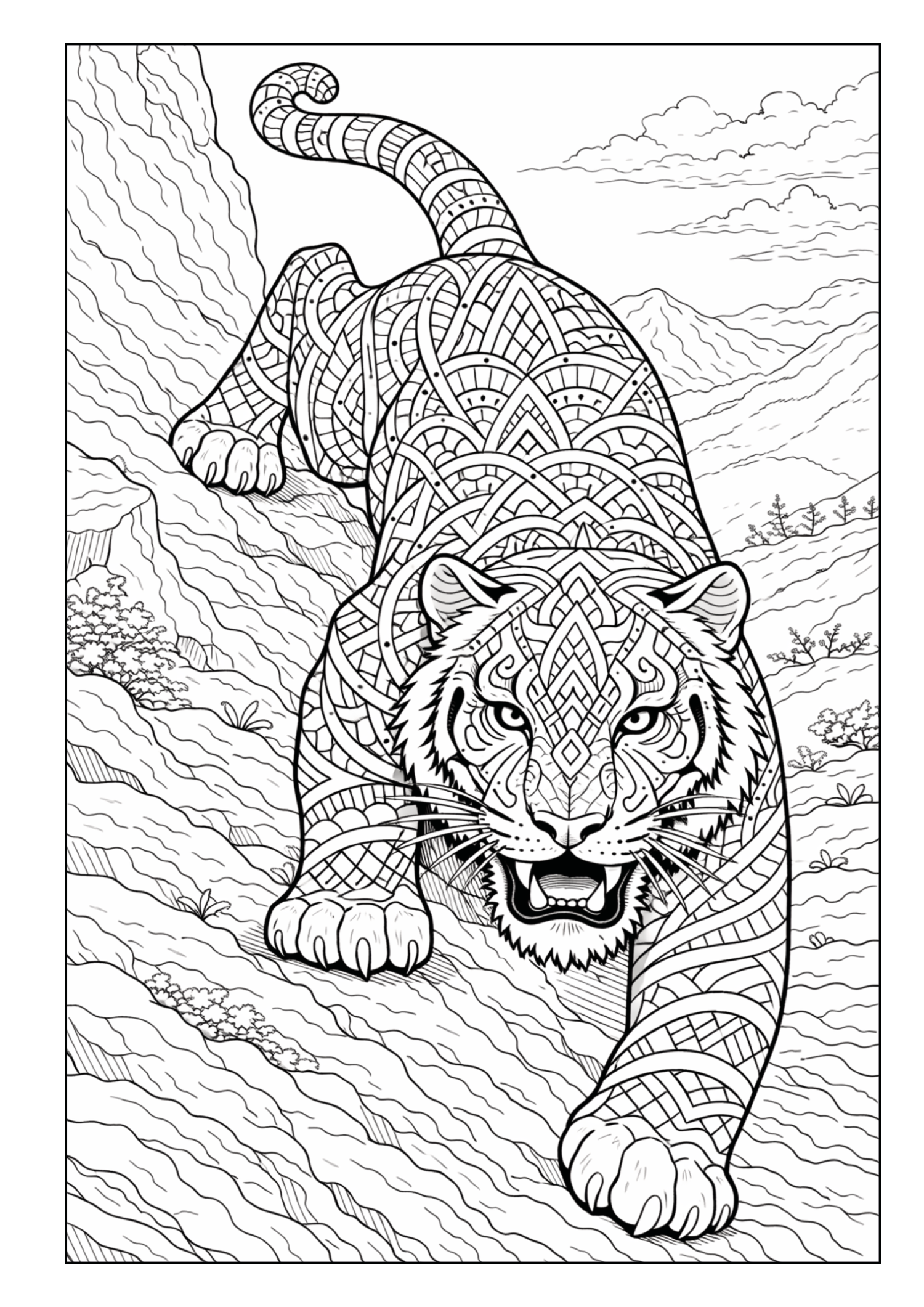 Tiger mit ornamentalen Mustern auf einem Felsen in einer Berglandschaft