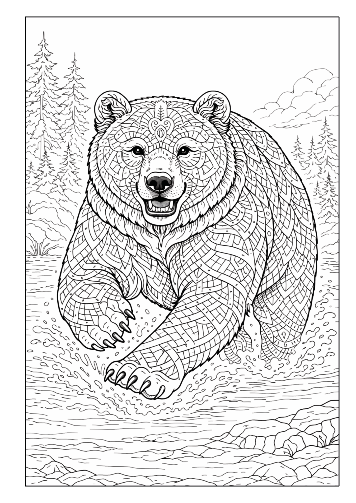 Bär mit detailreichen Mandala-Mustern in einer Waldlandschaft