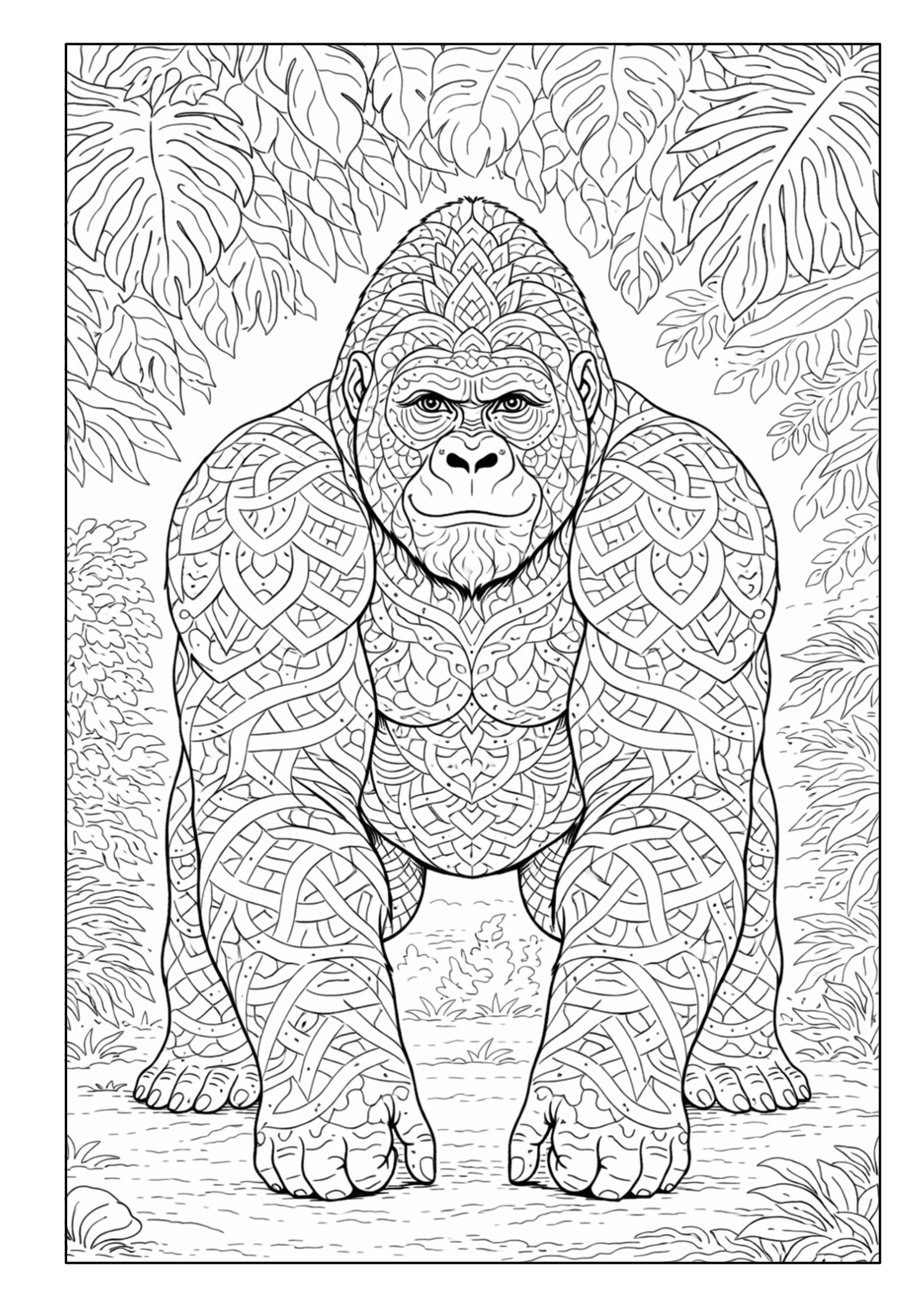 Gorilla mit ornamentalen Mandala-Mustern zwischen tropischen Pflanzen